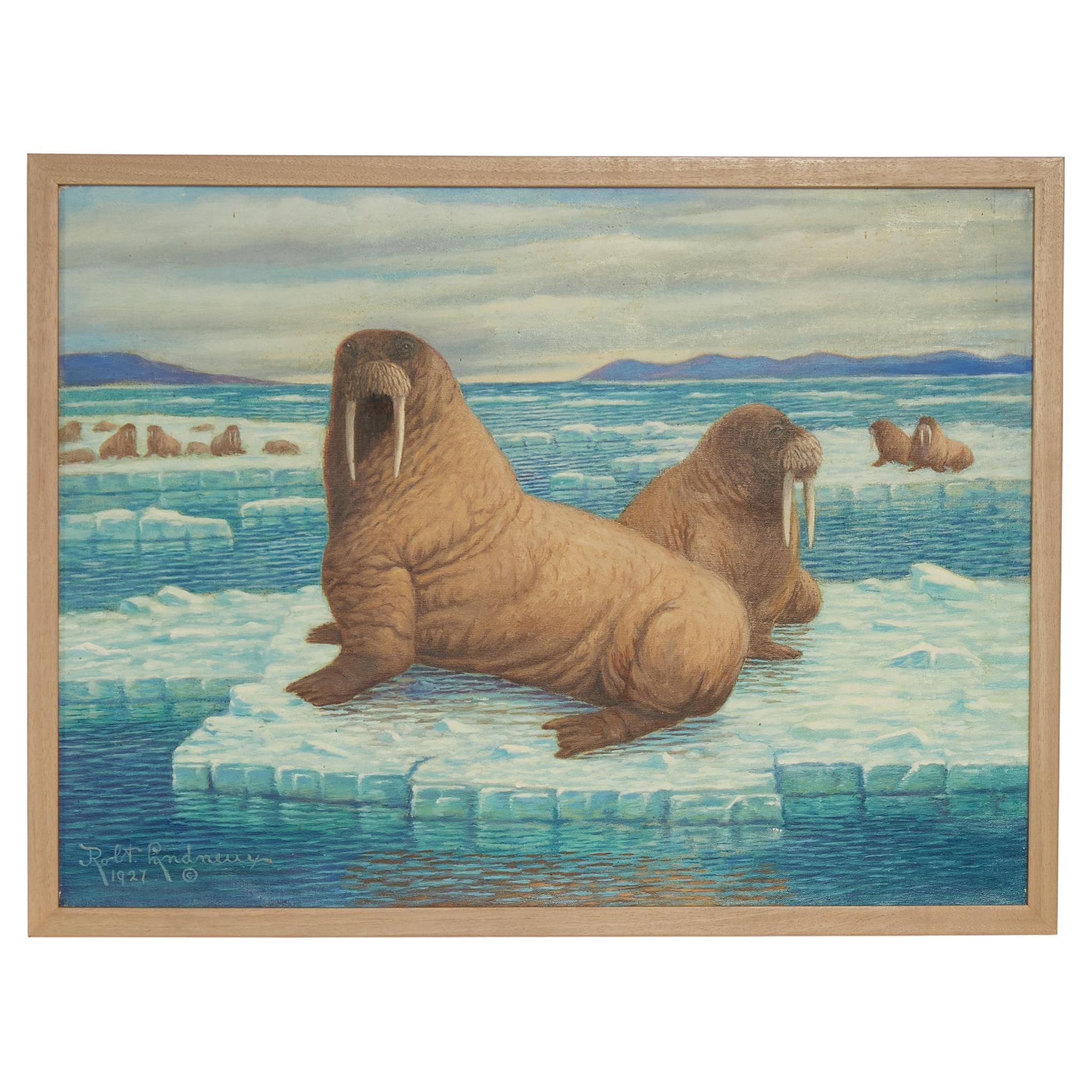 Robert Ottokar Lindneux Pittura a olio su tela di trichechi in un ambiente artico
