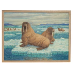 Antique Robert Ottokar Lindneux Oil Painting on Canvas of Walruses in an Arctic Setting