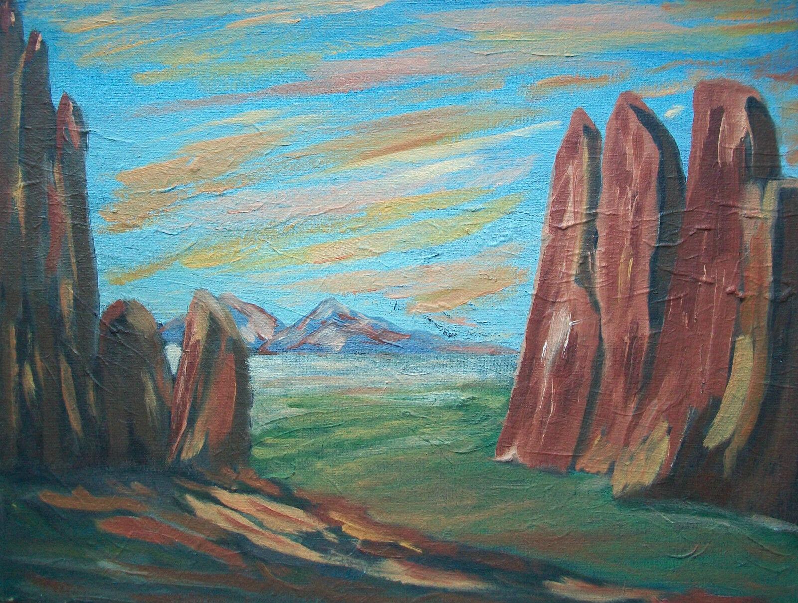 ROBERT P. FLYNN - Vintage Surrealist style landscape oil painting on artist's canvas covered panel - signed and dated verso - unframed - Canada (likely) - circa 1970.

Excellent vintage condition - professionally cleaned - minor scuffs & grime -