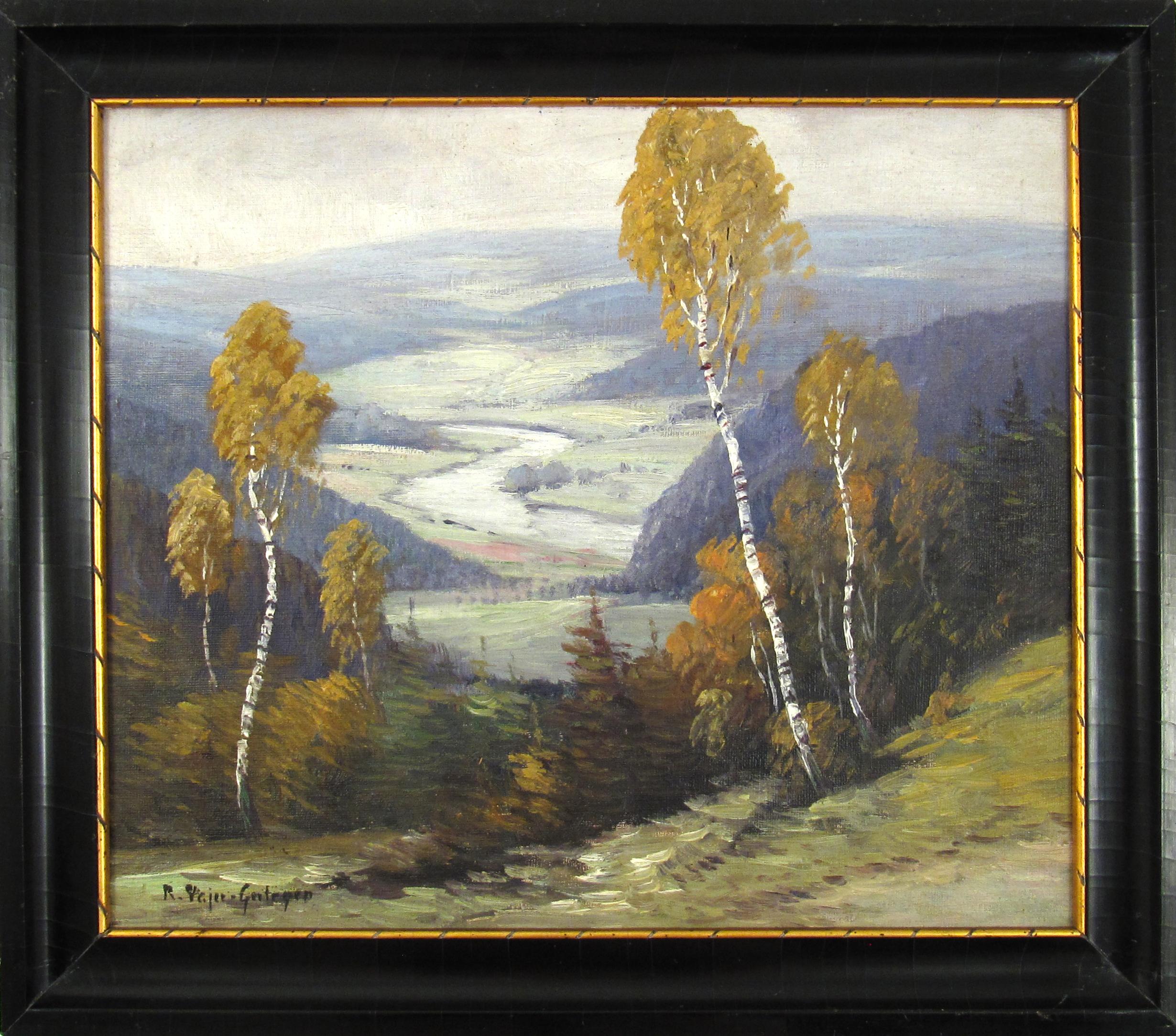 Robert Pajer - Gartegen (1886-1944) Peinture de paysage de la rivière Donau Autriche 1924