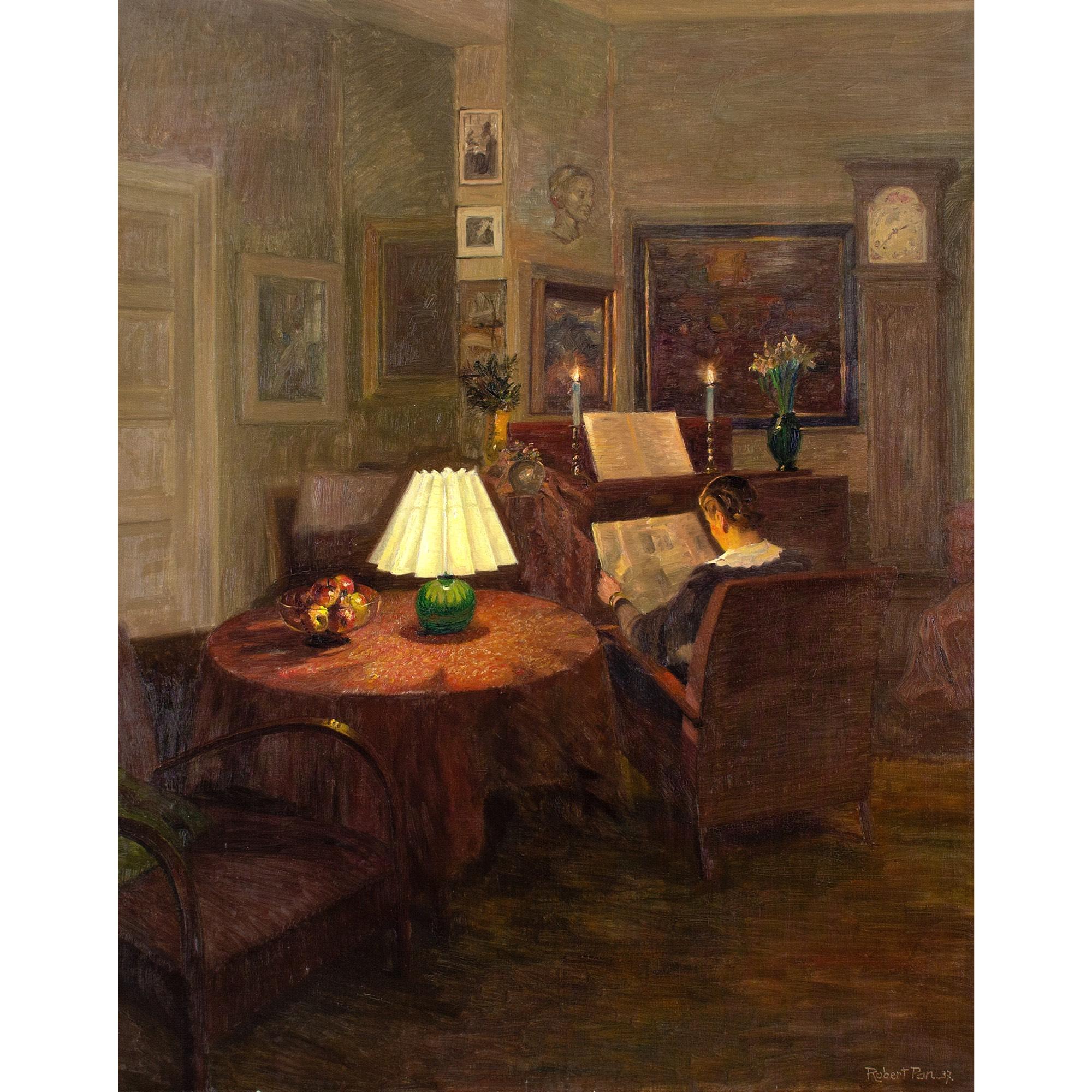 Robert Panitzsch, Candlelit Interior With Woman Reading 1