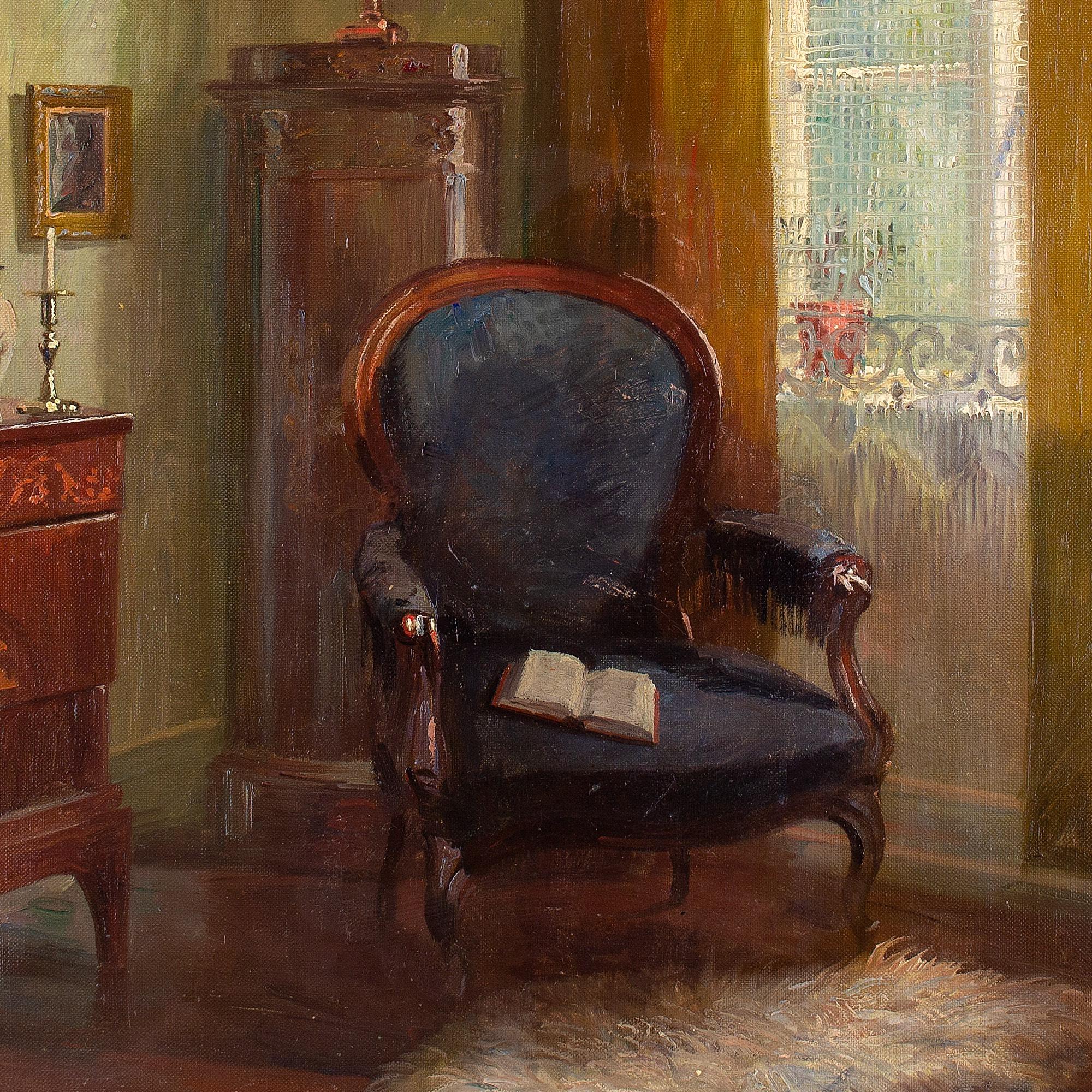 Robert Panitzsch, Interior With Armchair & Window, Oil Painting For Sale 4