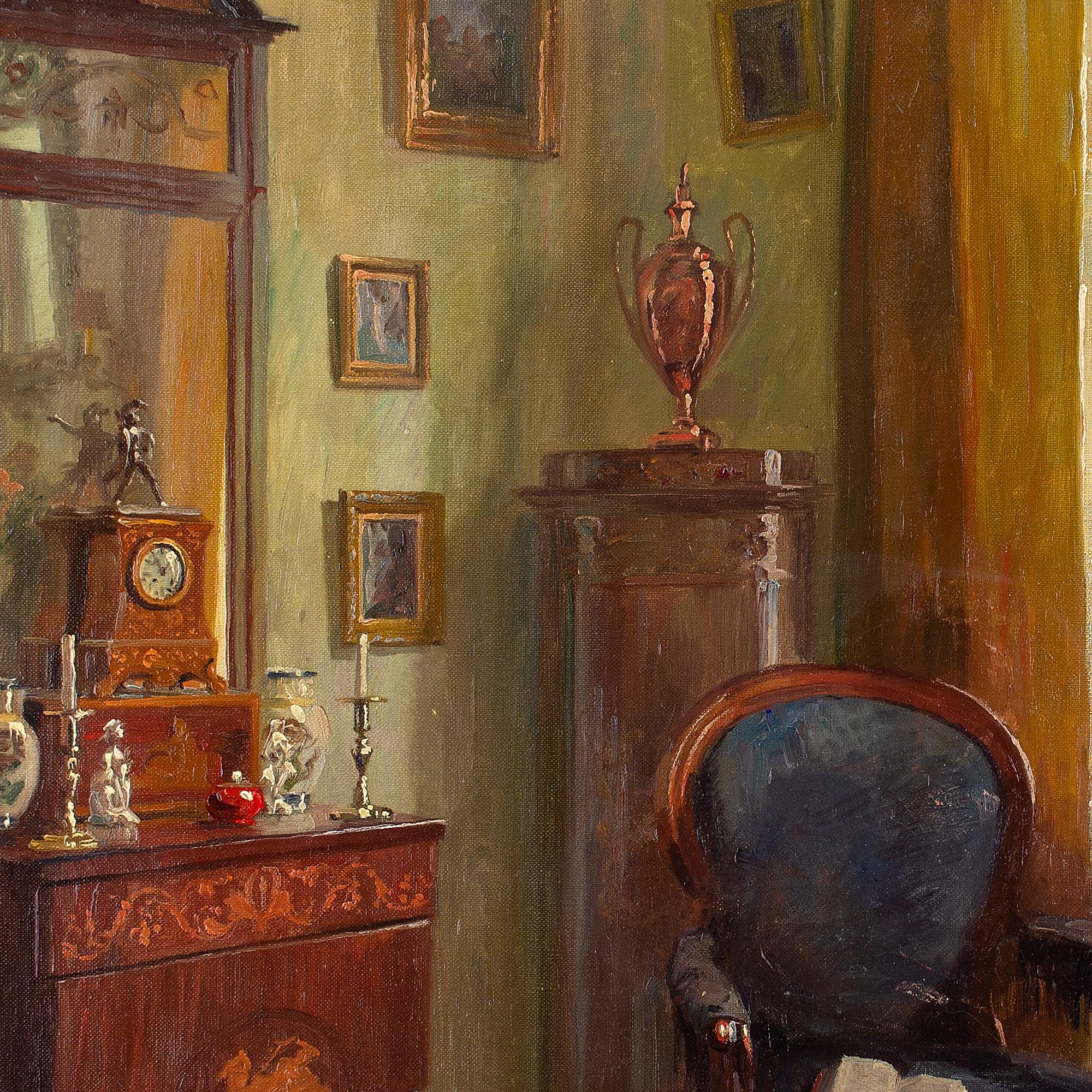 Robert Panitzsch, Interior With Armchair & Window, Oil Painting For Sale 5