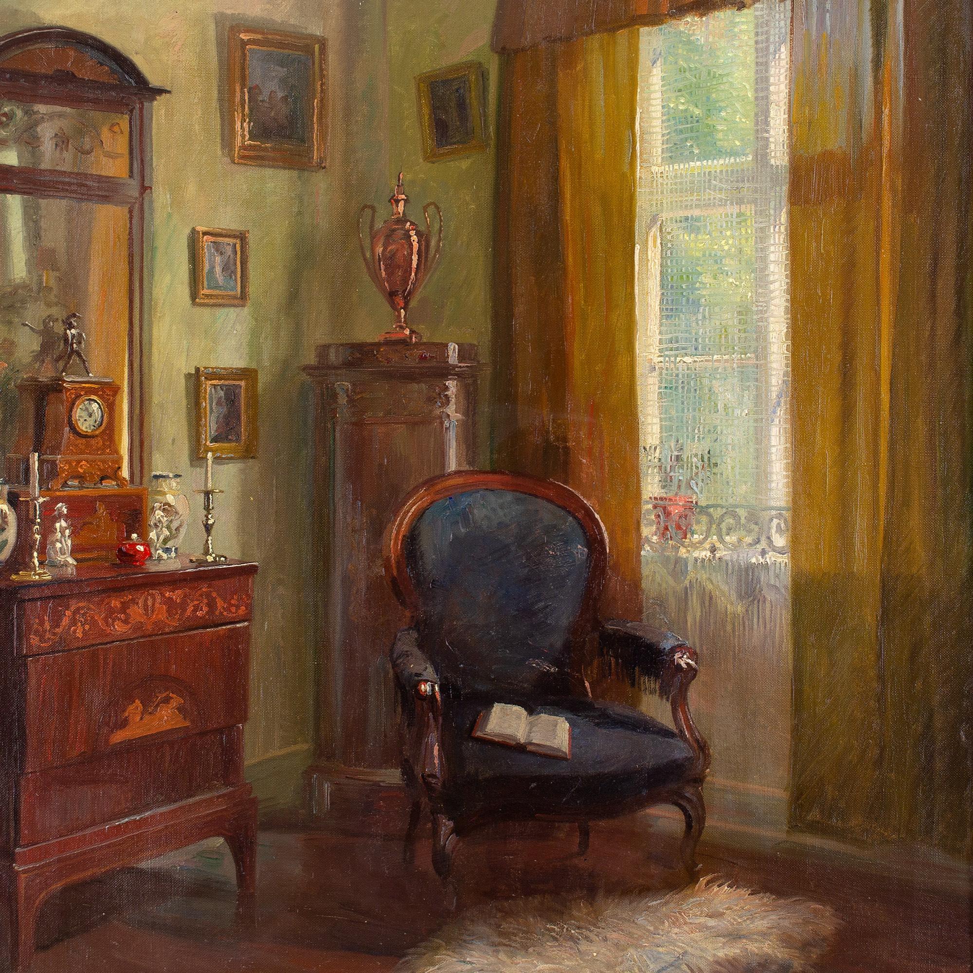 Robert Panitzsch, Interior With Armchair & Window, Oil Painting For Sale 6