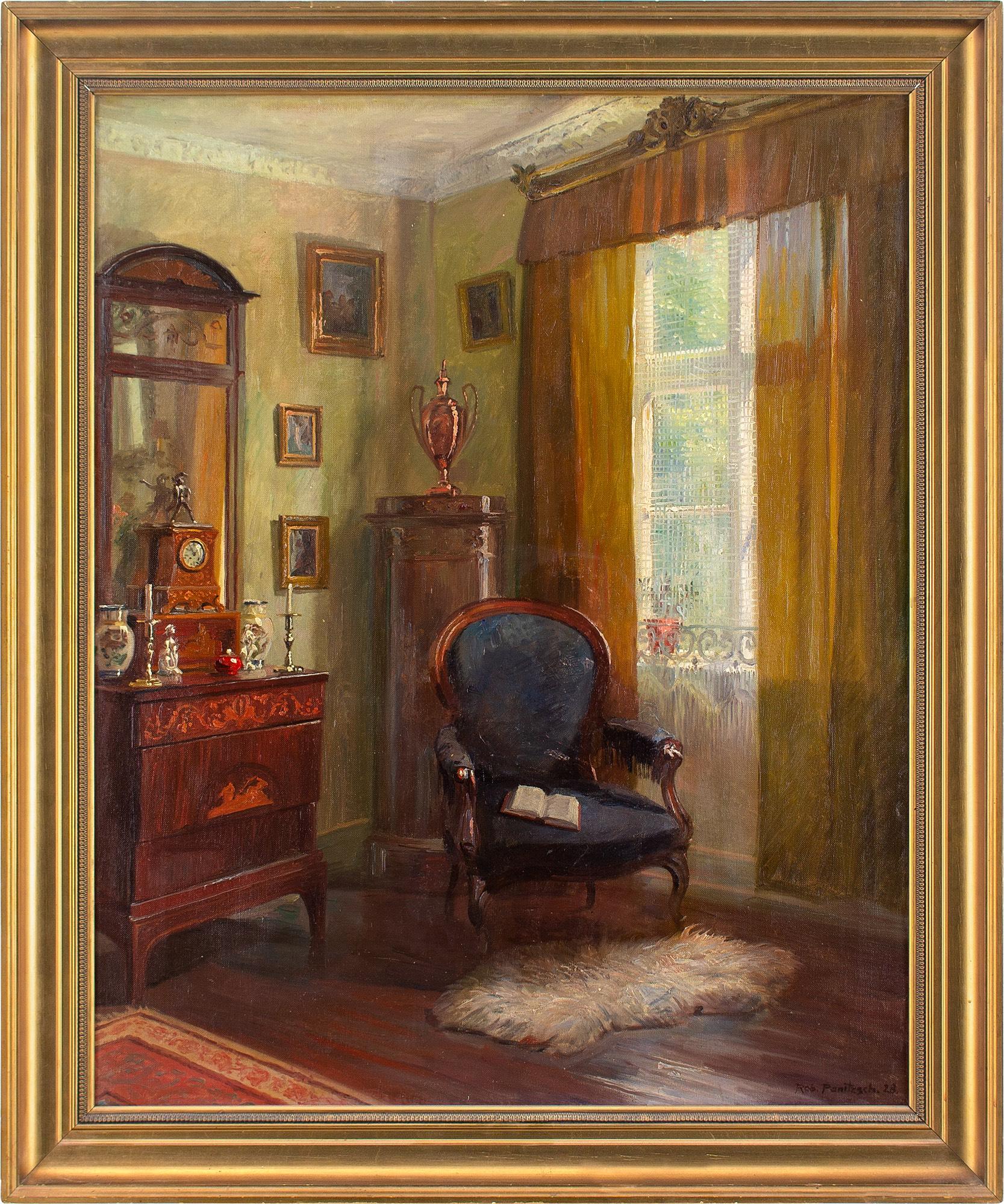 This early 20th-century oil painting by Danish artist Robert Panitzsch (1879-1949) depicts an interior with an armchair, window, and various furnishings.

Panitzsch has become widely admired for his beautiful interior scenes, often depicting the
