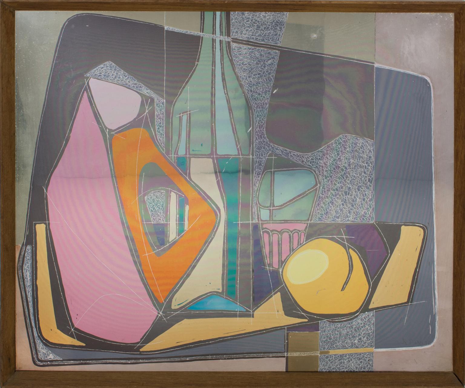 Il s'agit d'un étonnant panneau de composition de nature morte abstraite en aluminium polychromé, gravé et oxydé, peint par Robert Pansart (1909-1973). Le panneau en aluminium peint imite la technique du "fixé sous verre" que l'artiste utilisait