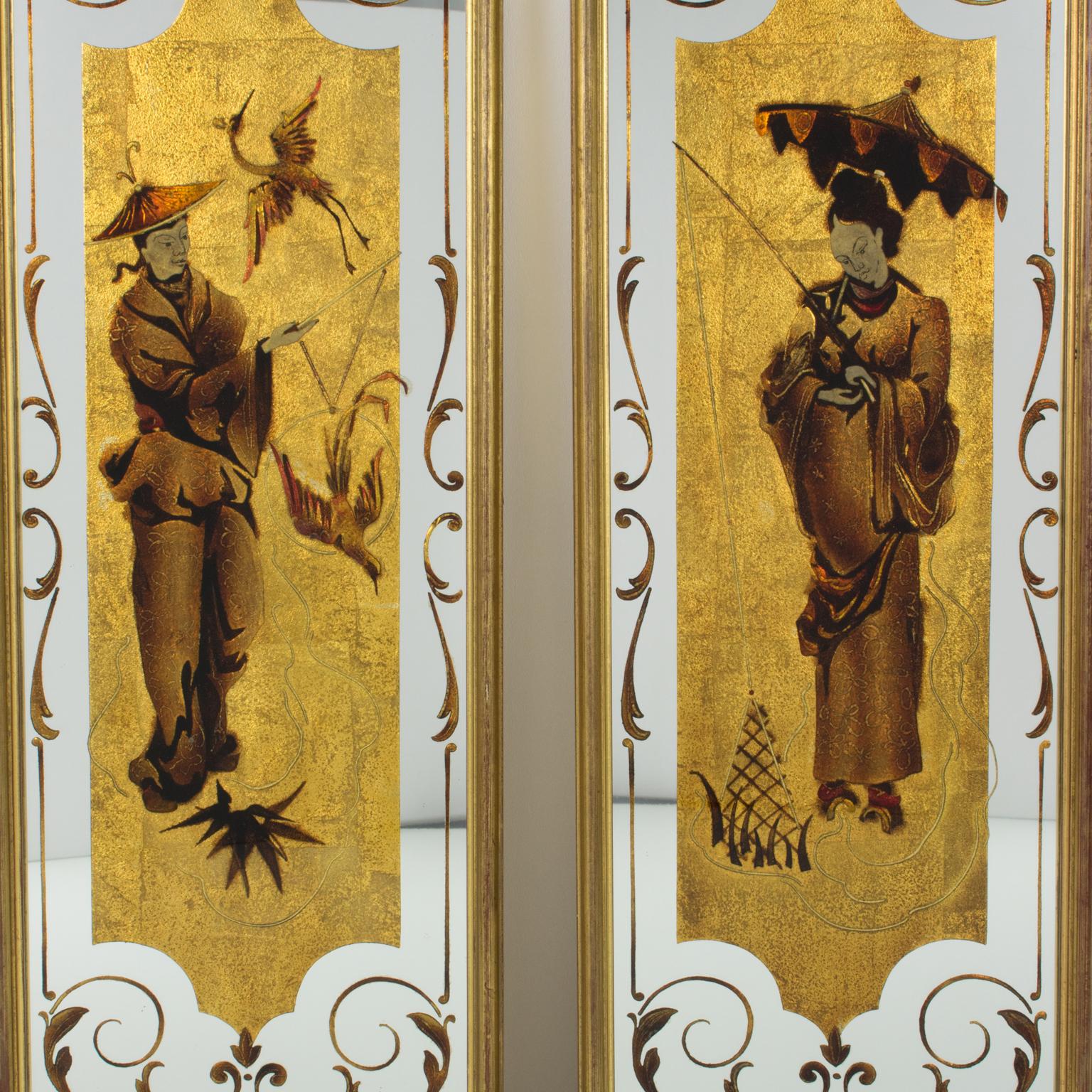 Robert Pansart (1909-1973) designed this stunning pair of églomisé mirrored glass wall-mounted panels in the 1940s. The panels feature an elongated shape with an Asian-inspired design (chinoiserie) with a man and a woman in traditional outfits