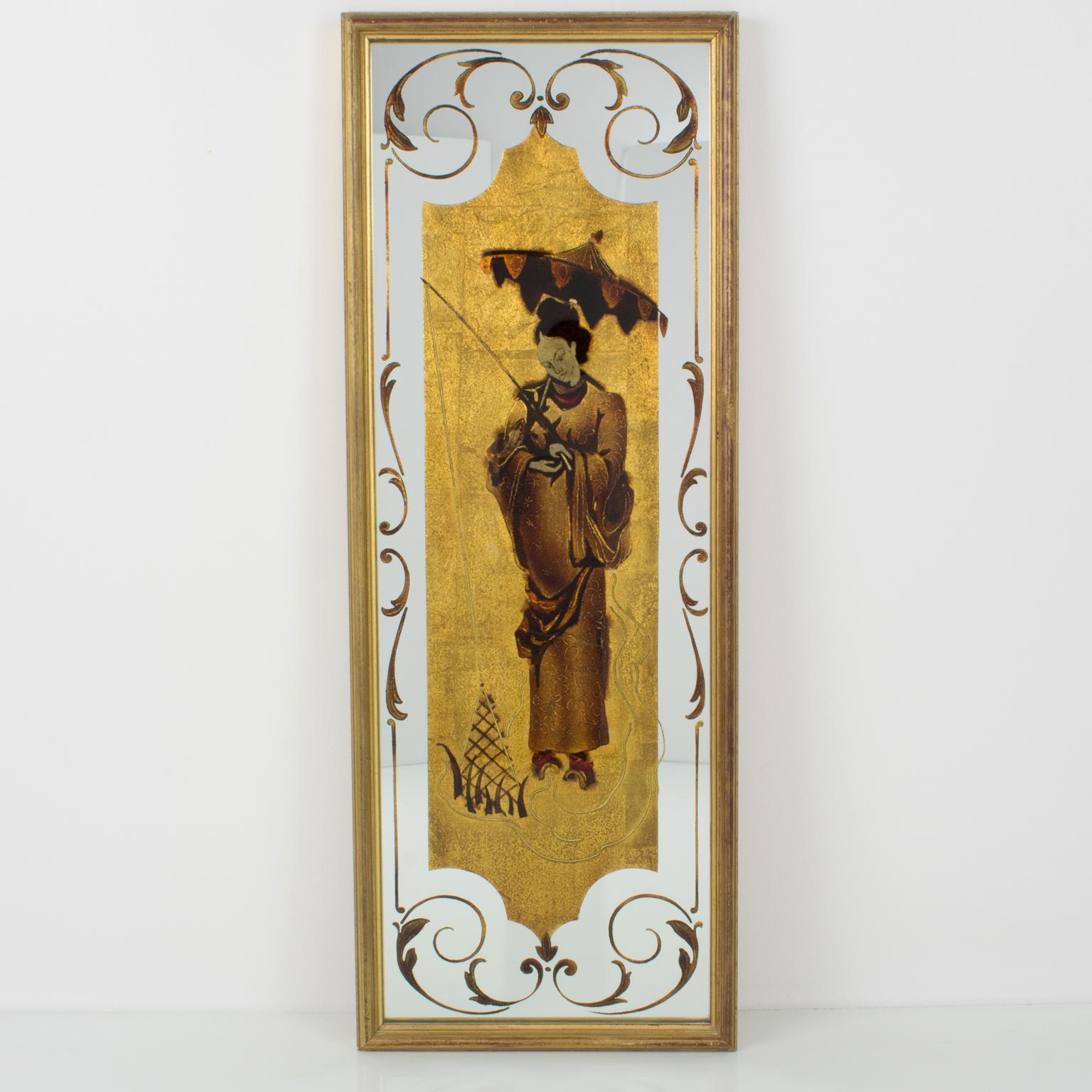 Mid-20th Century Robert Pansart Églomisé Glass Mirror Wall-Mounted Panels Set, Asian Character For Sale