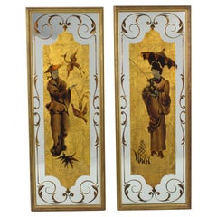 Robert Pansart Églomisé Glass Mirror Wall-Mounted Panels Set, Asian Character