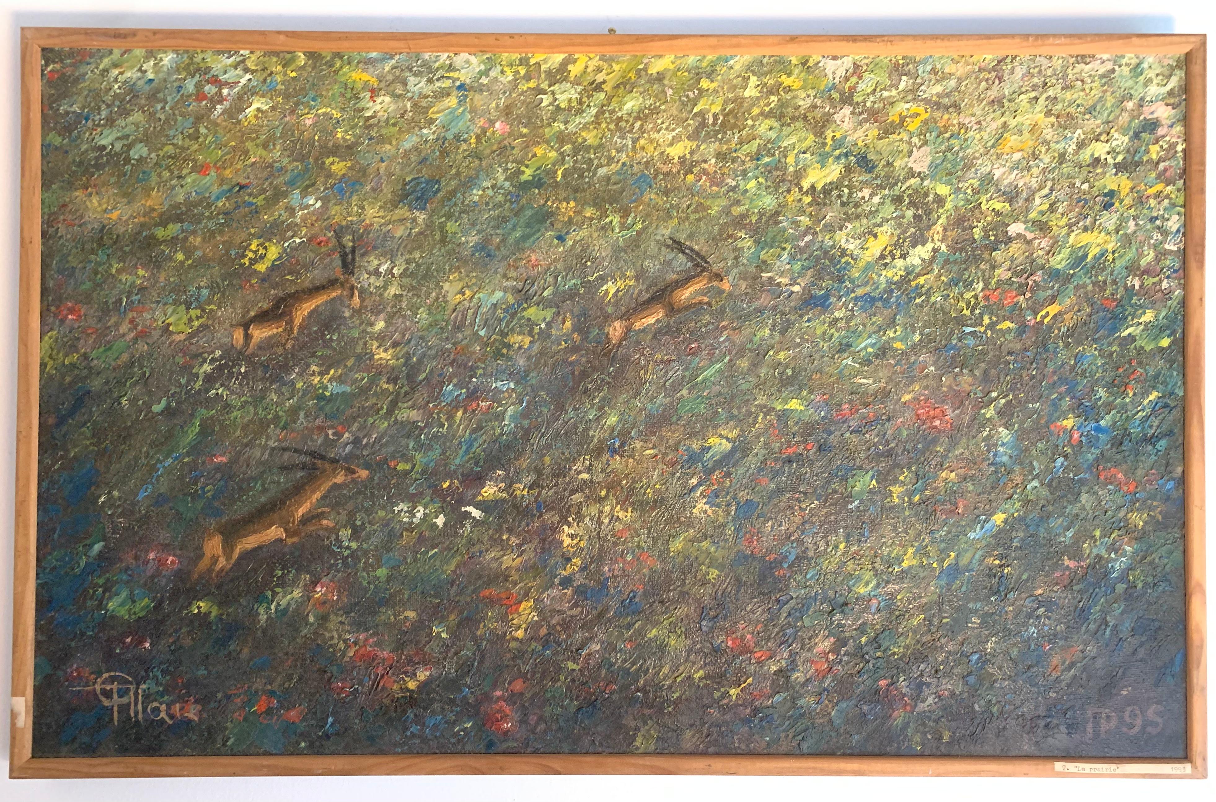 Robert Papikian Animal Painting - Naif painting by Armenian Moscow Artist.  “Prairies“. 1995.