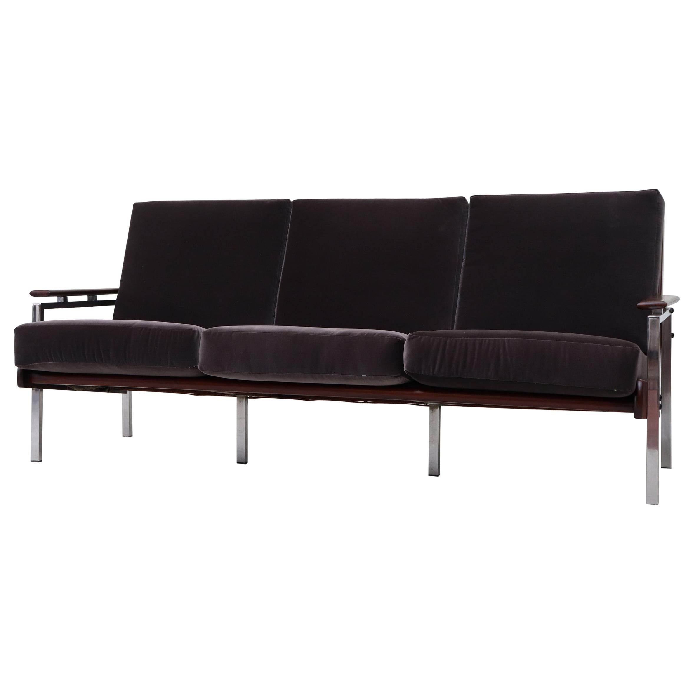 Robert Parry Three Seat Grey Velvet Sofa w/ Wood & Chrome Frame for Gelderland For Sale