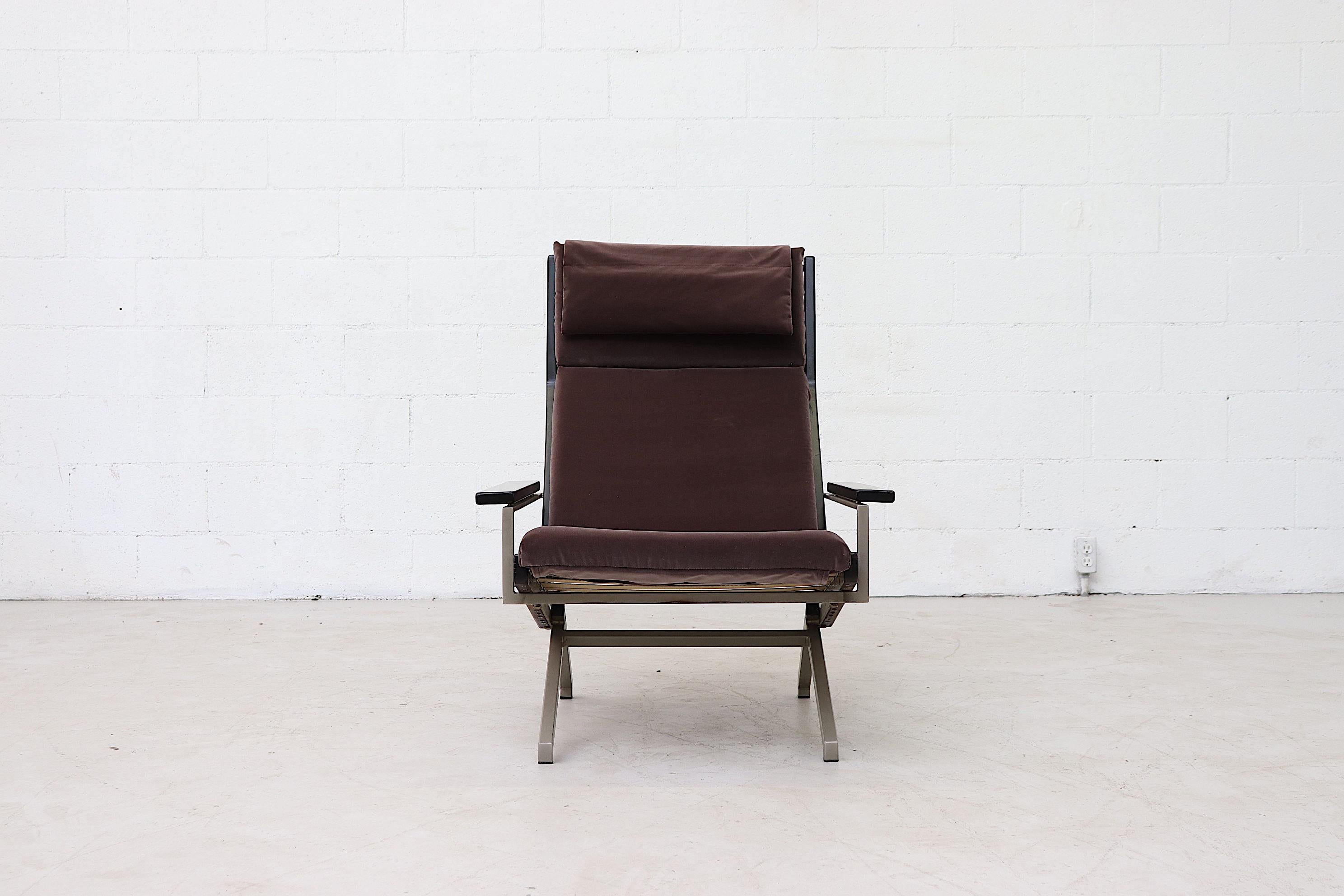 Beautiful Masculine lounge chair by Robert Parry in ebonized teak and brushed steel with mahogany grey-brown velvet cushion. 1970s cool! Gelderland, or originally Meuelfabriek Gelderland (Gelderland Furniture Factory) established in 1935 in