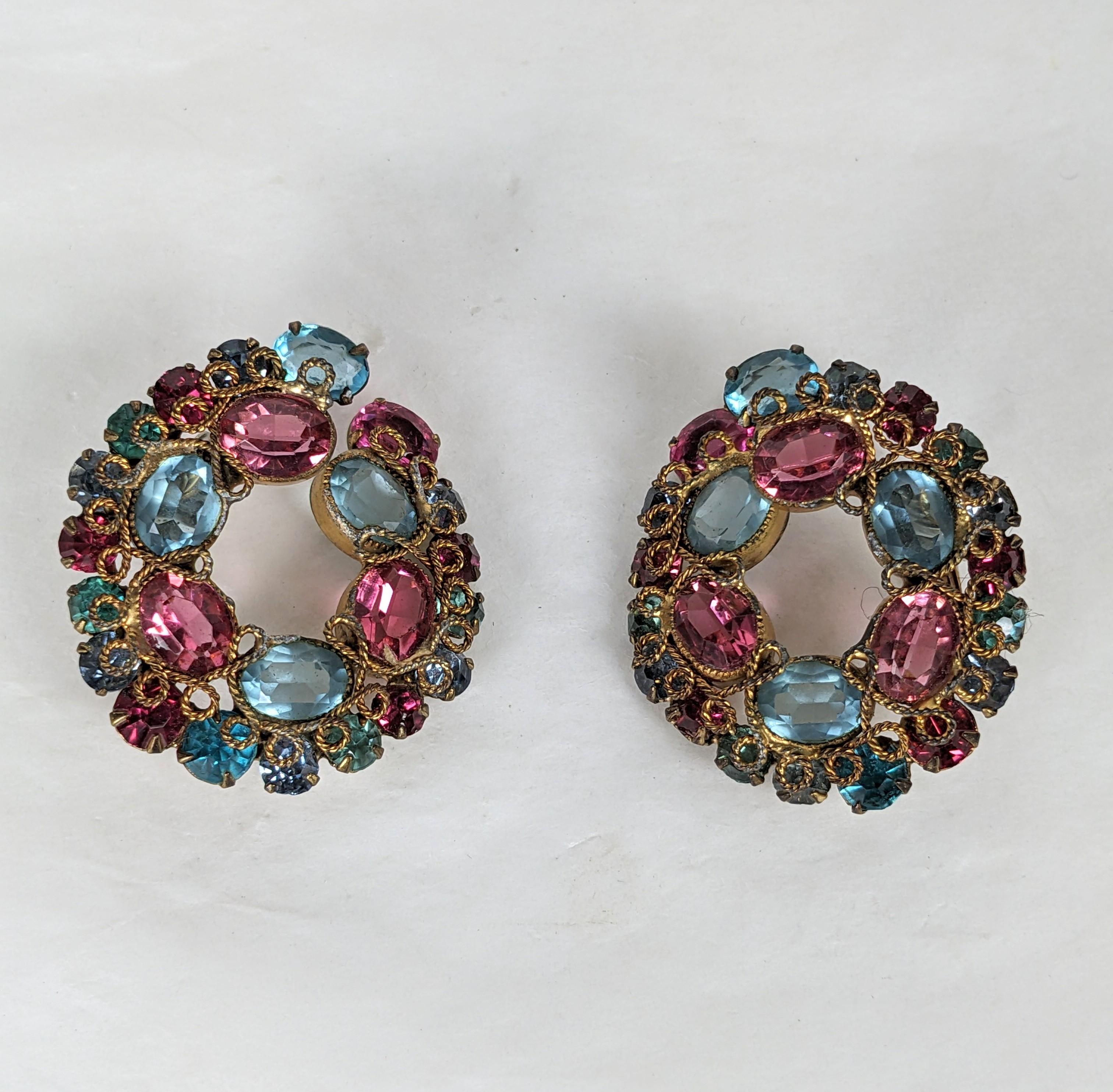 Robert Pastel Crystal Earrings, handmade of pink and aqua crystals with signature looped wirework decoration. Clip back fittings. 1.25