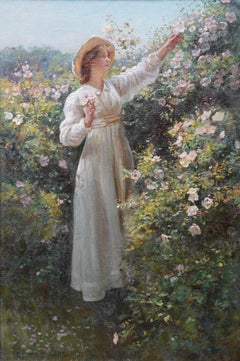Portrait of a Lady with Roses - Scottish Edwardian exh art portrait oil painting