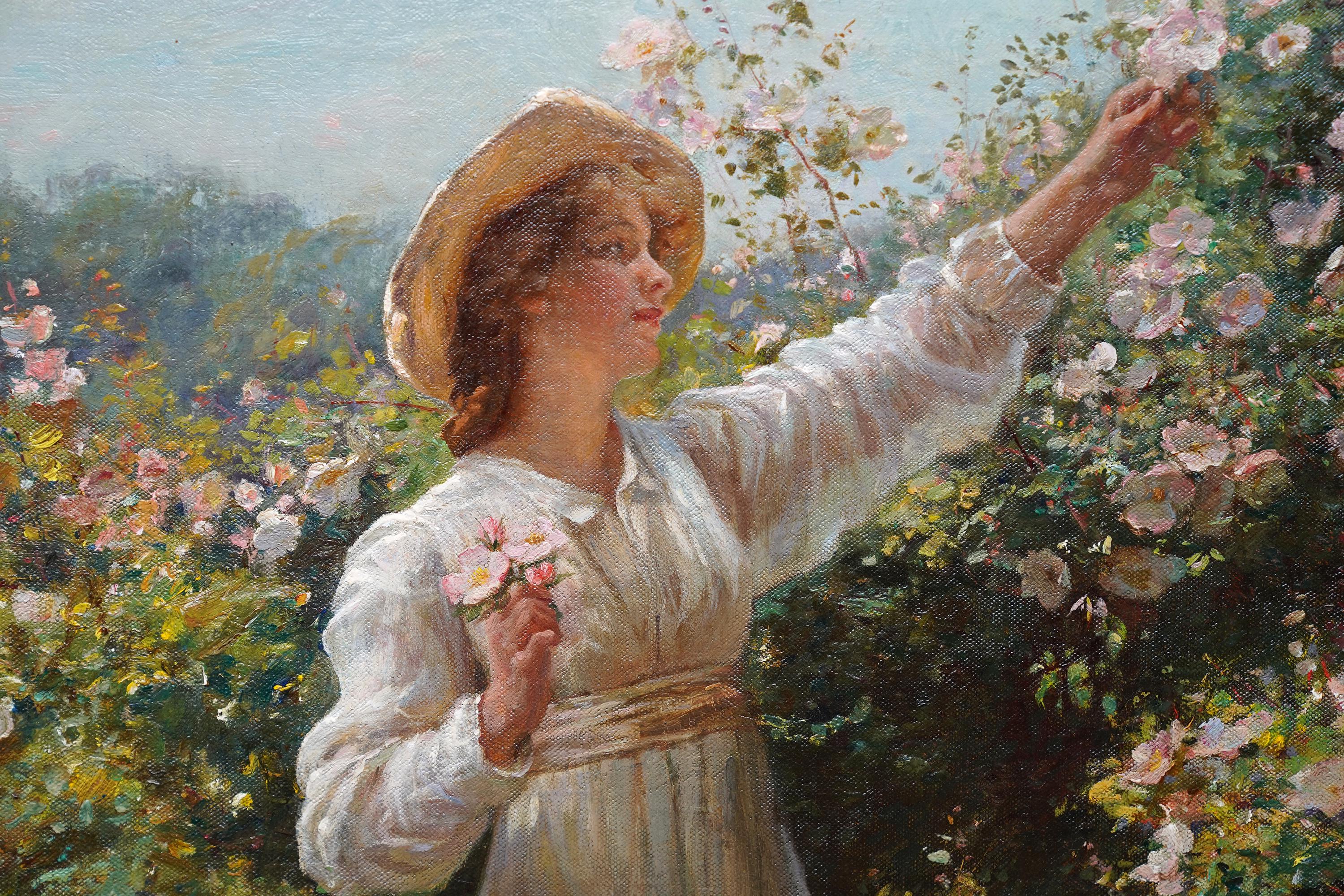 Portrait of a Lady with Roses - Scottish Edwardian exh art portrait oil painting - Victorian Painting by Robert Payton Reid