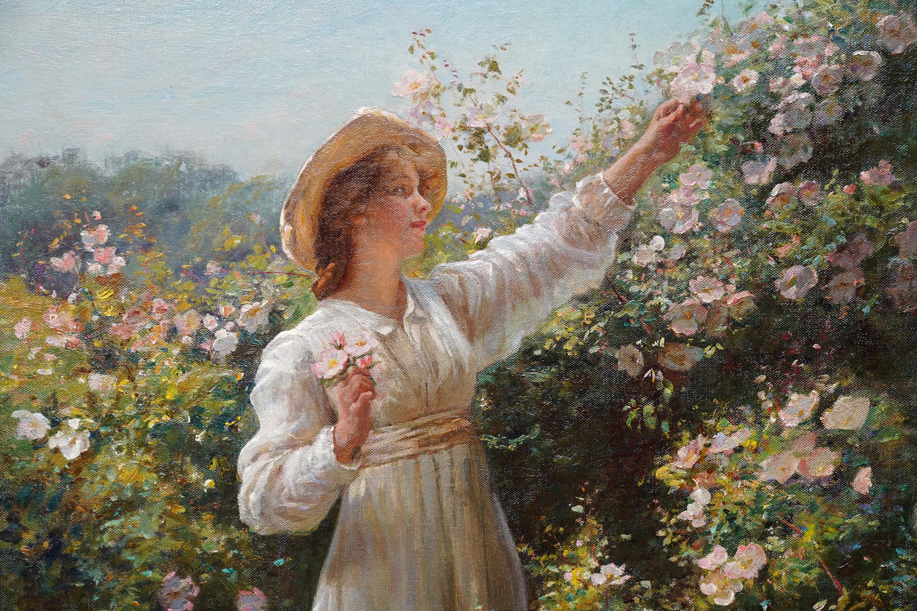 Portrait of a Lady with Roses - Scottish Edwardian exh art portrait oil painting - Brown Portrait Painting by Robert Payton Reid