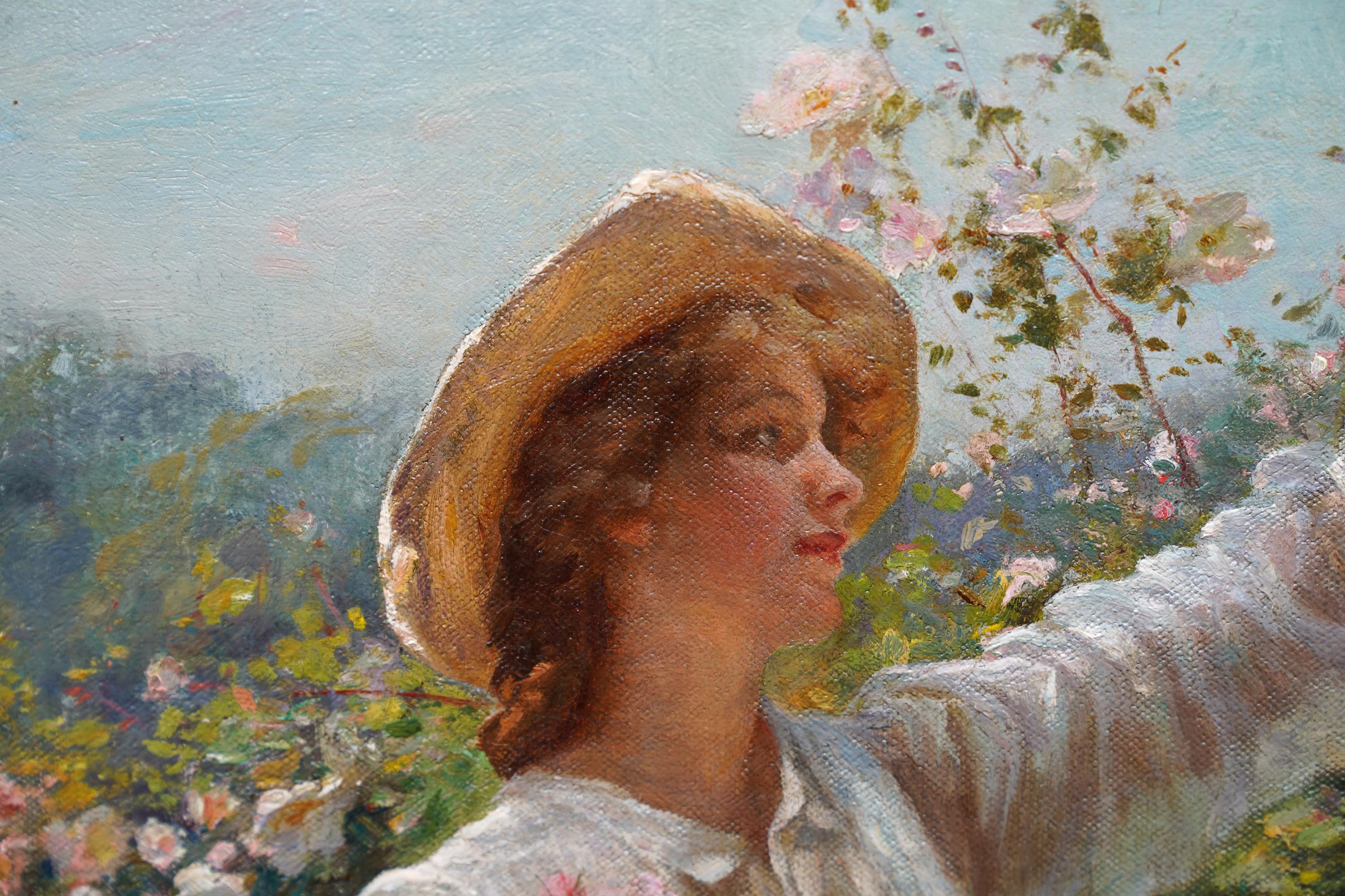 Scottish artist Robert Payton Reid painted this gorgeous Edwardian portrait oil painting in 1908. It was exhibited at the Royal Scottish Academy the same year.  The composition is a full length portrait of a lady in a white dress and sun hat,