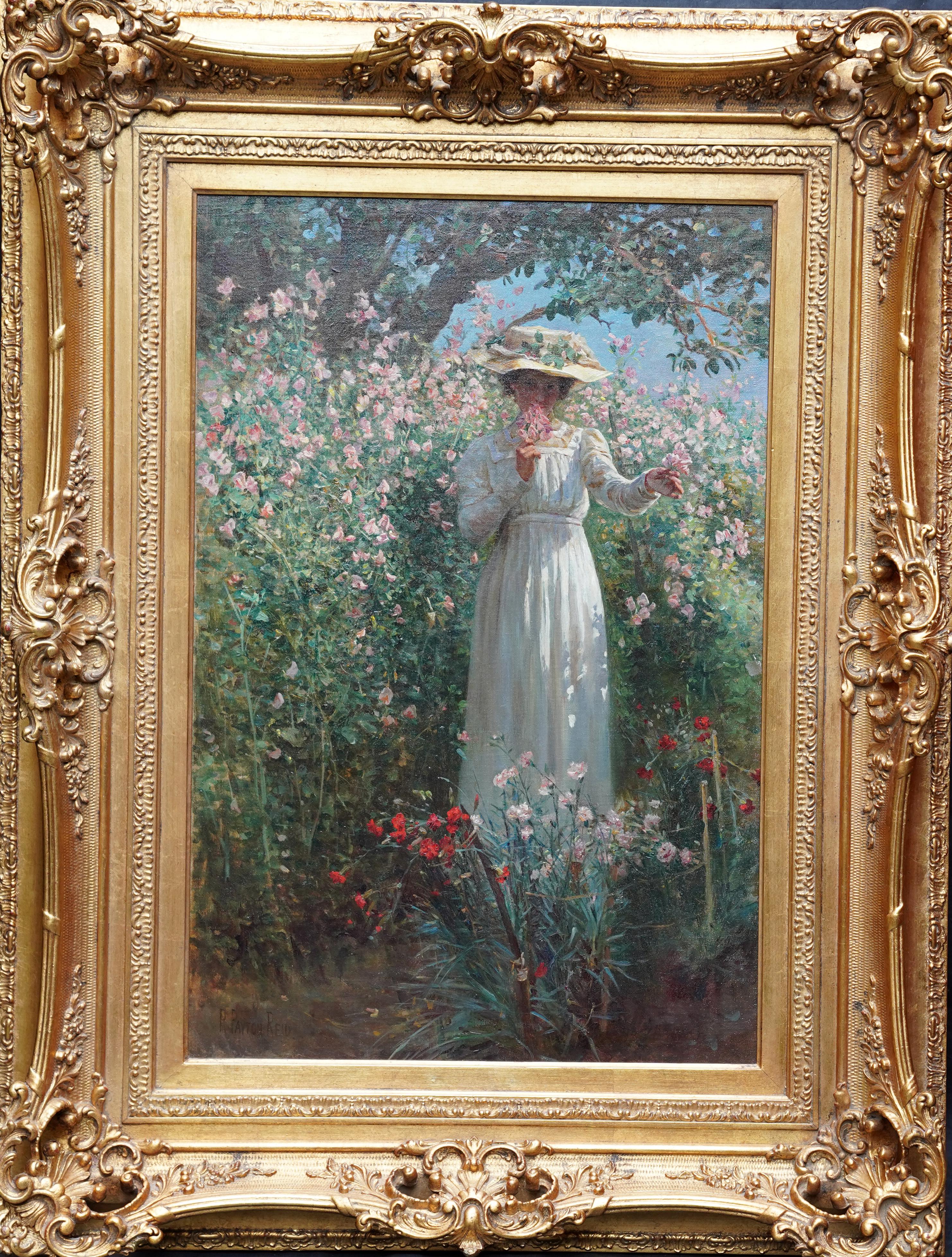 Portrait of a Lady with Sweet Peas - Scottish Edwardian exhib art oil painting 5