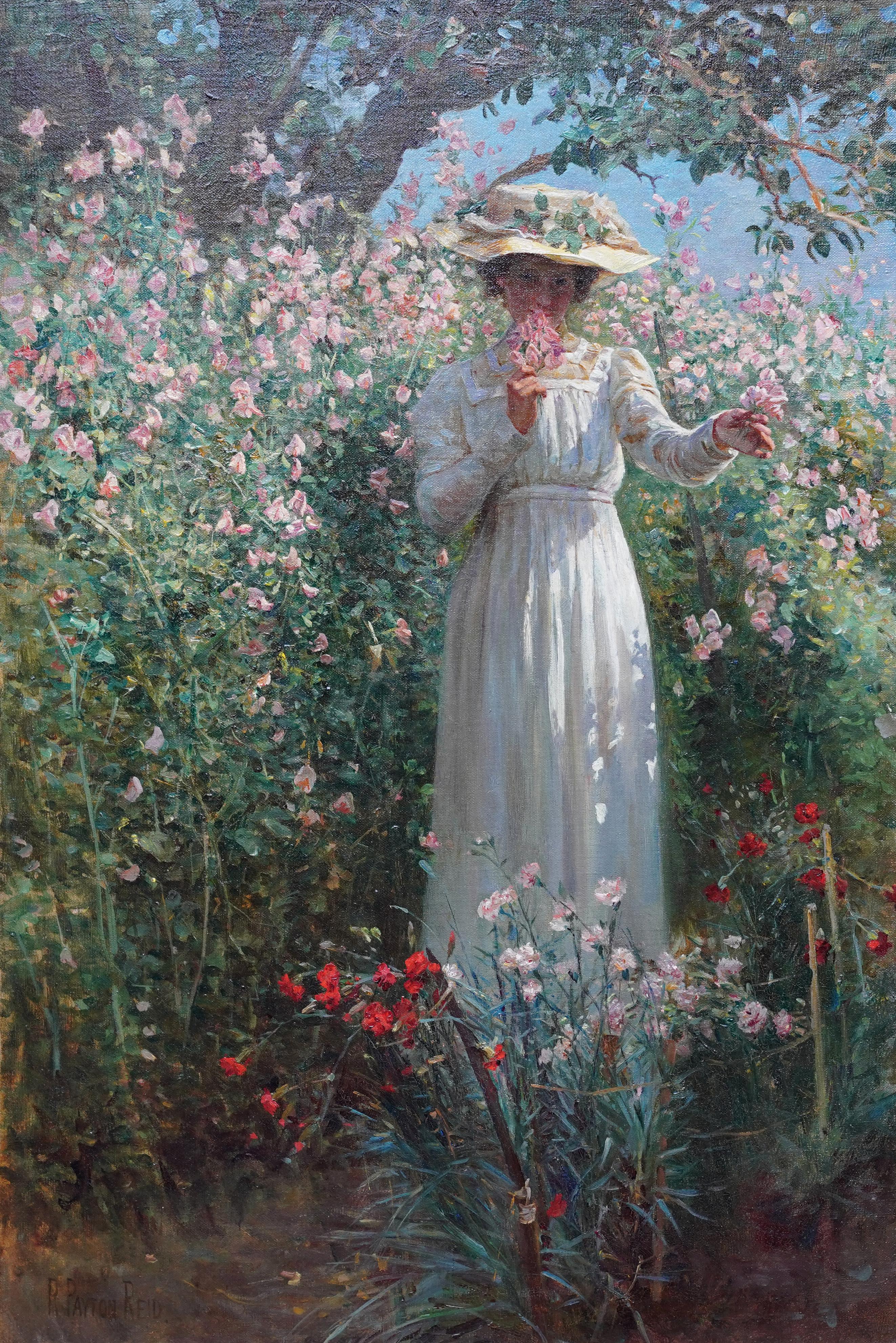 Portrait of a Lady with Sweet Peas - Scottish Edwardian exhib art oil painting - Painting by Robert Payton Reid