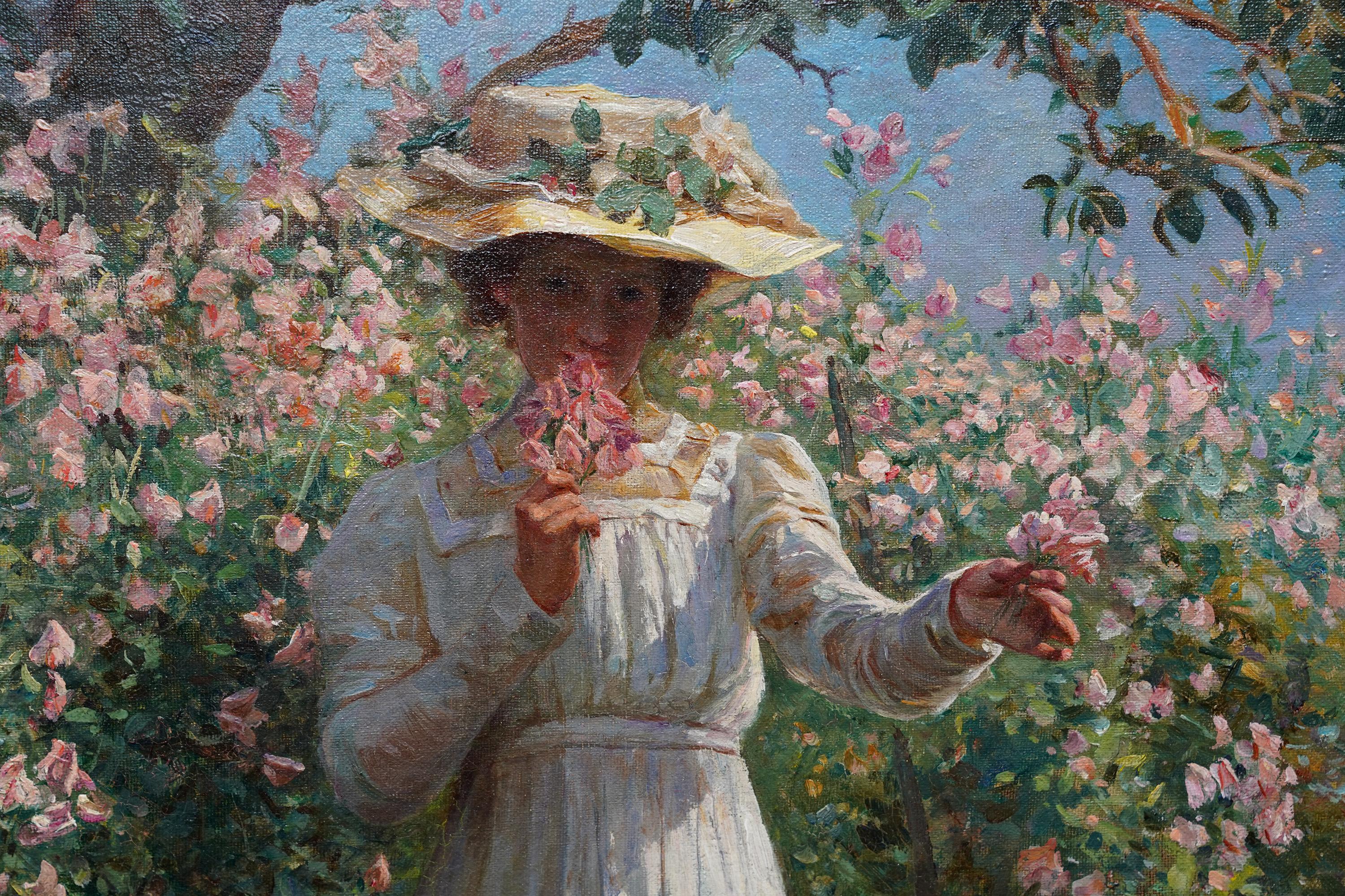 Portrait of a Lady with Sweet Peas - Scottish Edwardian exhib art oil painting - Victorian Painting by Robert Payton Reid