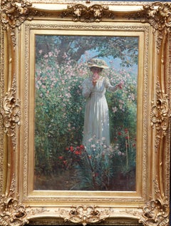 Portrait of a Lady with Sweet Peas - Scottish Edwardian exhib art oil painting
