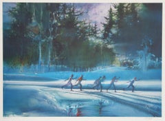 Ski de fond, lithographie d'art sportif signée par Robert Peak