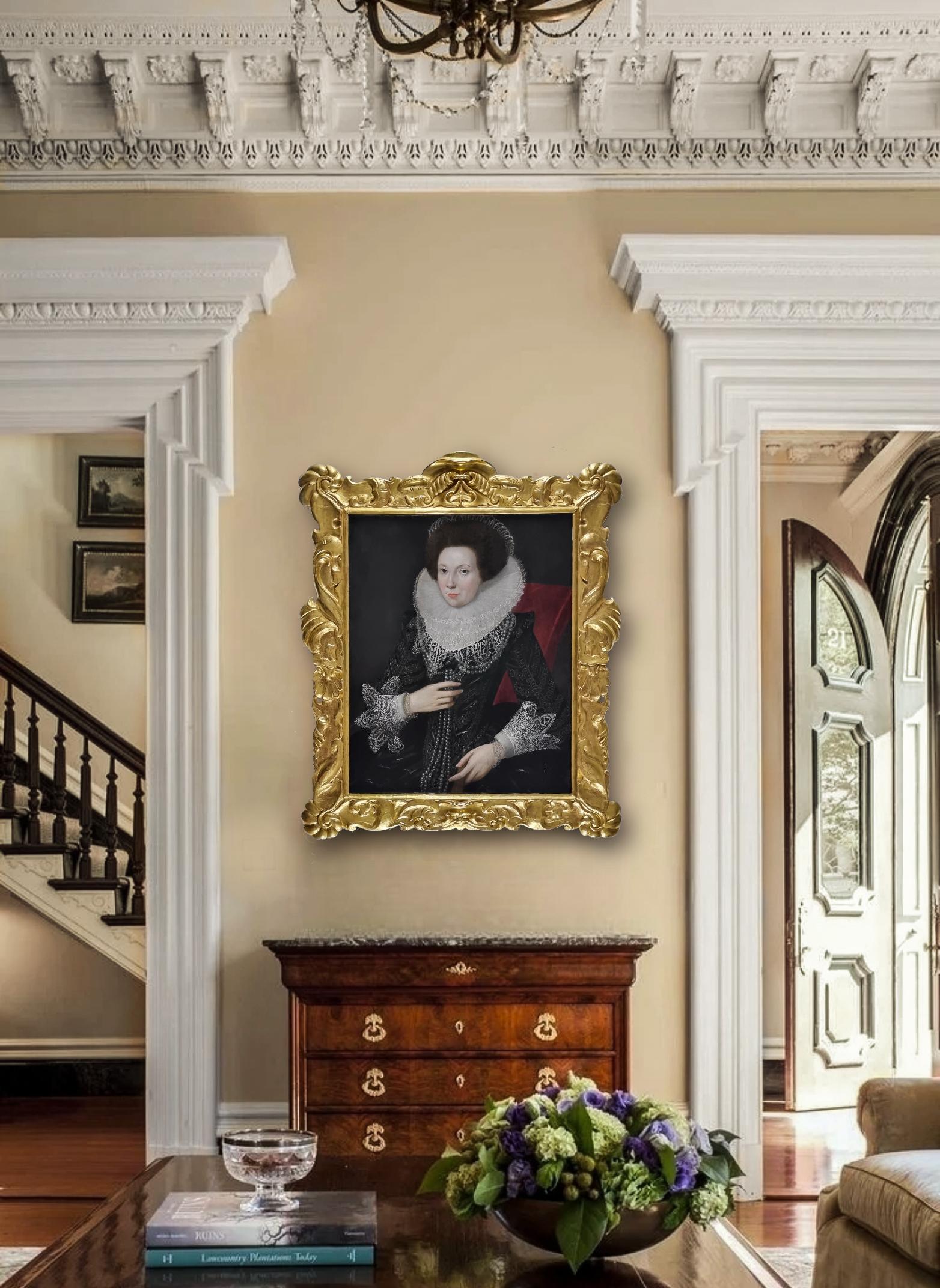 Portrait of a Lady in Elaborate Costume with Ruff & Pearls c.1615; oil on panel - Painting by Robert Peake the Elder