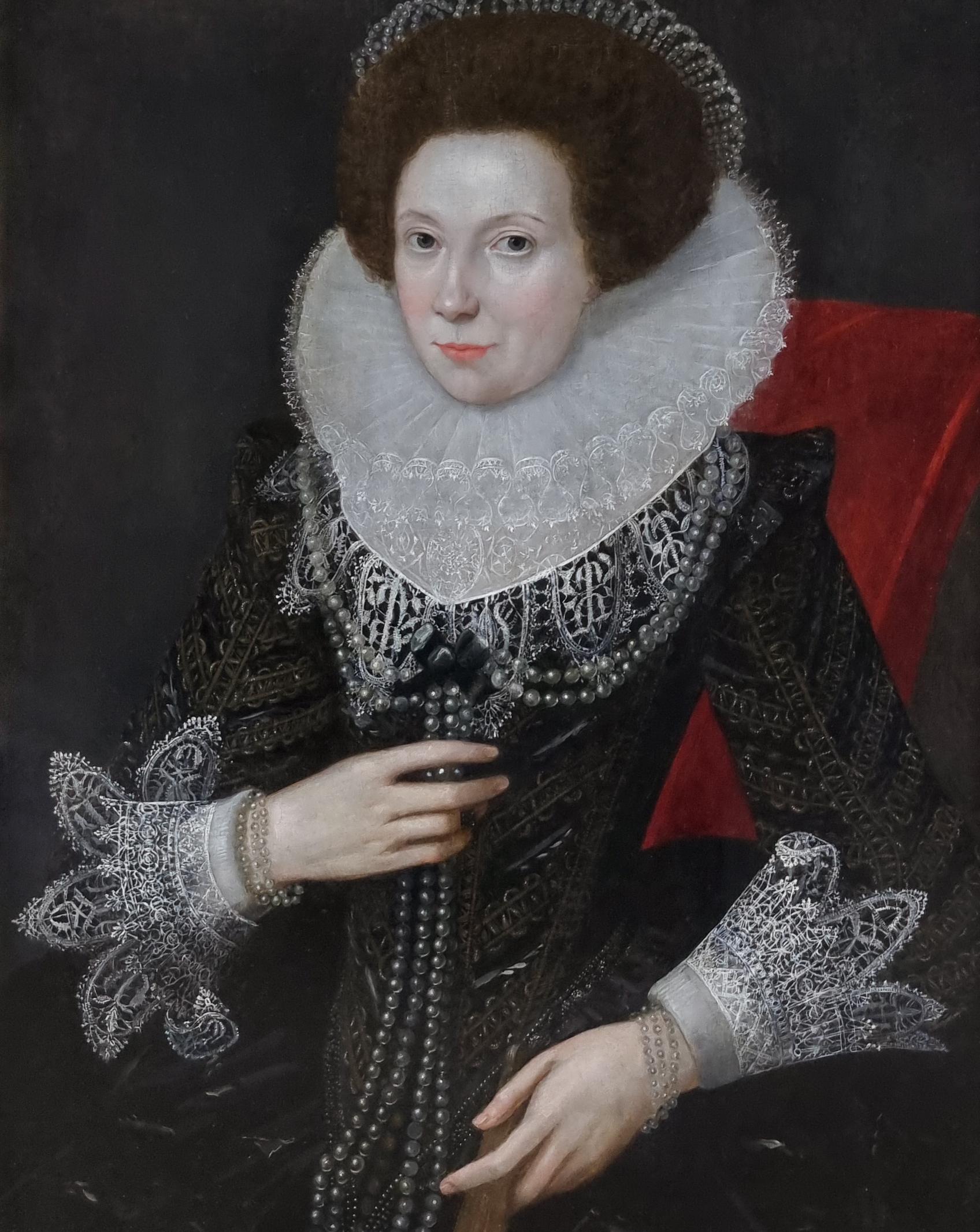 Portrait of a Lady in Elaborate Costume with Ruff & Pearls c.1615; oil on panel - Old Masters Painting by Robert Peake the Elder