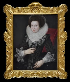 Porträt einer Dame in aufwändigem Kostüm mit Rüschen und Perlen um 1615; Öl auf Tafel