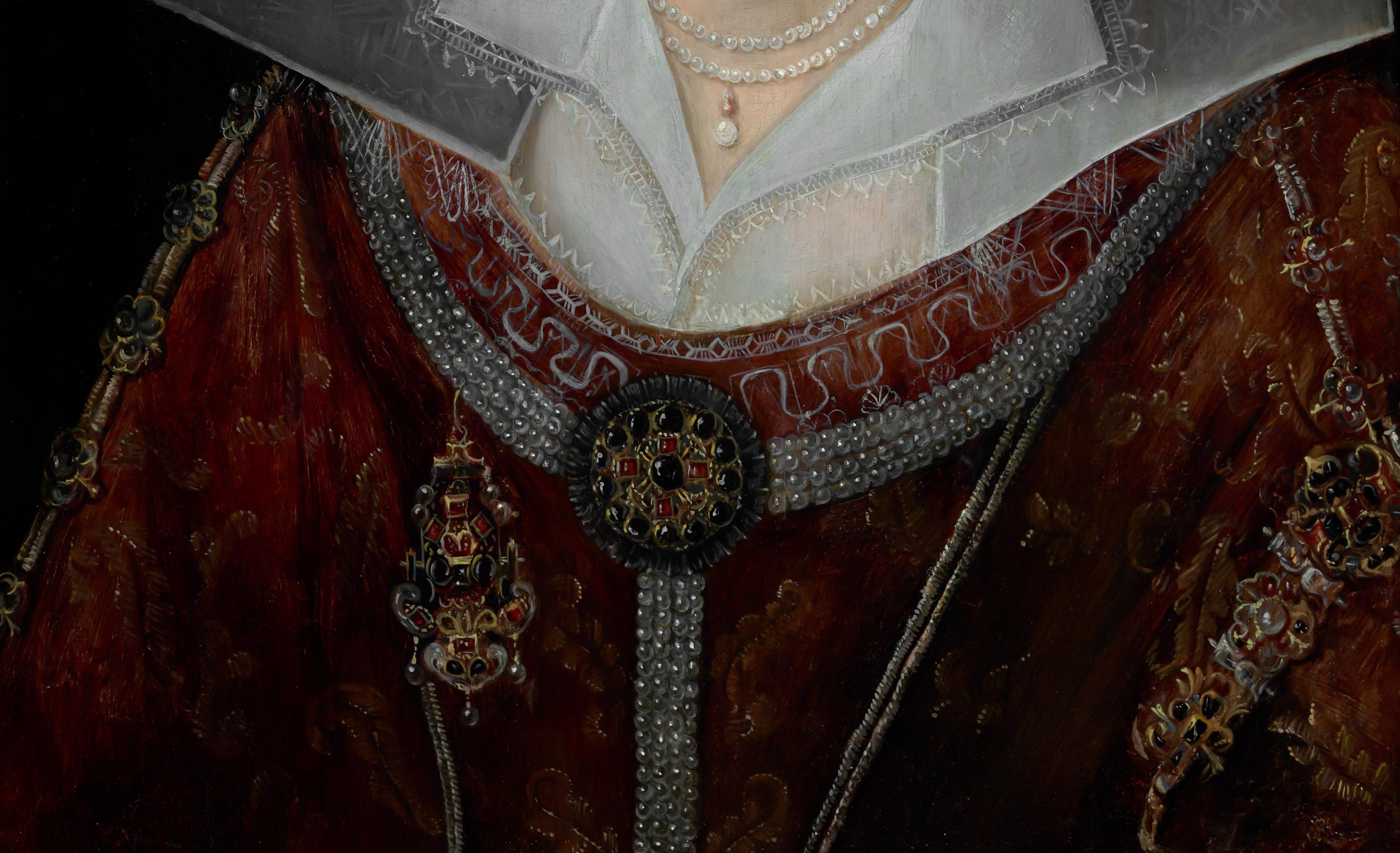 Portrait of Princess Elizabeth, later Queen of Bohemia, dated 1606, Oil on panel - Black Portrait Painting by Robert Peake the Elder