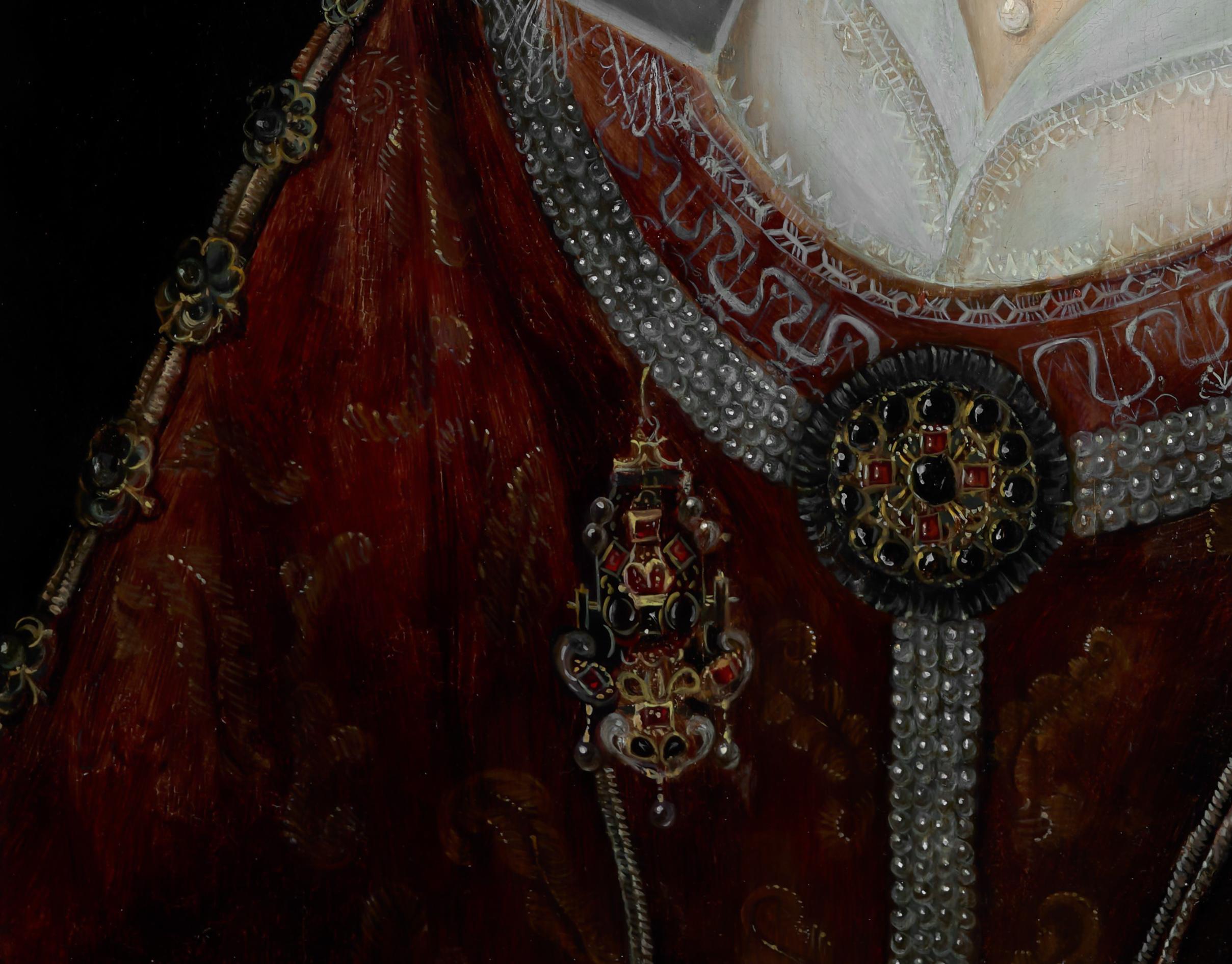 This ravishing portrait, presented by Titan Fine Art, is said to represent Elizabeth Stuart, a British princess, who from 1619 was the titular queen of Bohemia.  The resplendent costume and exquisite ornamented fabrics amply reflect her wealth and