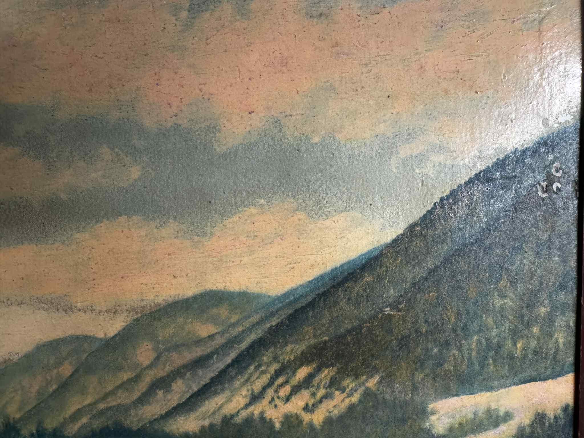 Äußerst seltenes Gemälde des Sherburne Valley in Vermont um 1930.  Der Sonnenuntergang leuchtet am Himmel und auf den Feldern entlang des Ottaquechee River, lange bevor es die Killington Gondola gab. Öl auf Karton, gemalt von dem geheimnisvollen