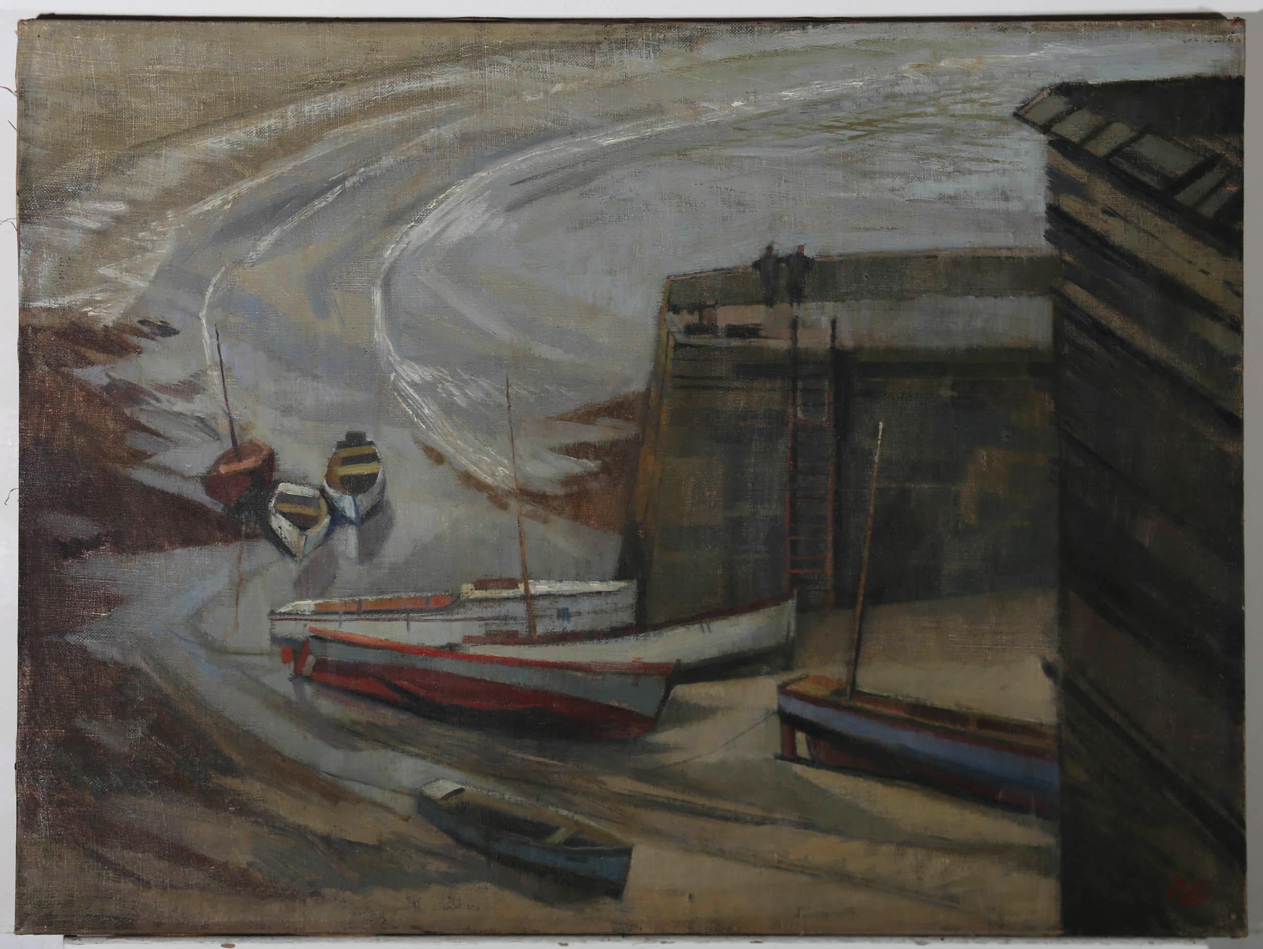 This energetic and atmospheric seascape by artist Robert Pell (b.1928), depicts several beached vessels at the bottom of a coastal slipway, with figures gazing from on top the walk. Signed to the lower right-hand corner. On canvas on stretchers. 
