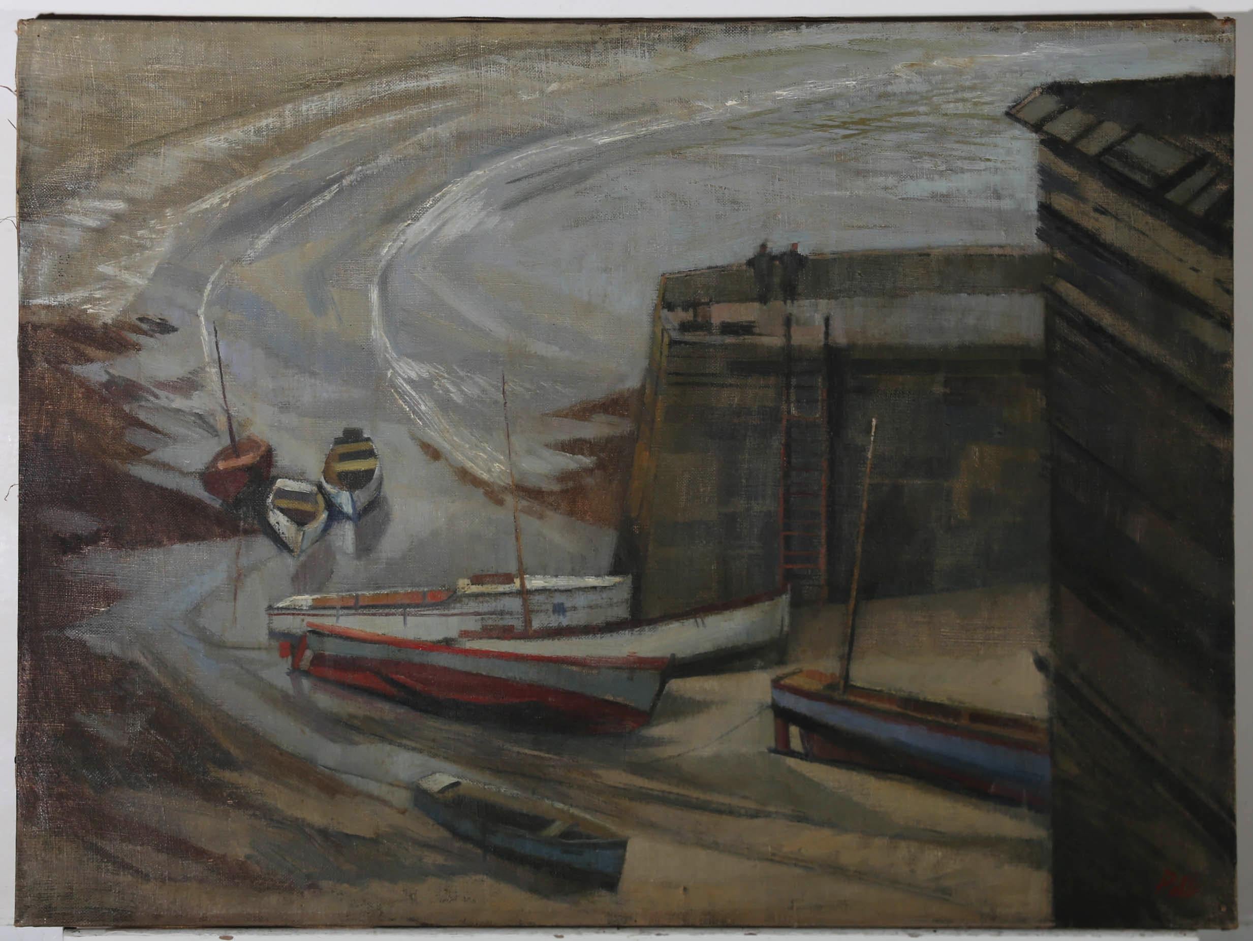 Robert Pell (nato nel 1928) - Olio della metà del XX secolo, Veduta dello scalo di alaggio in vendita 1