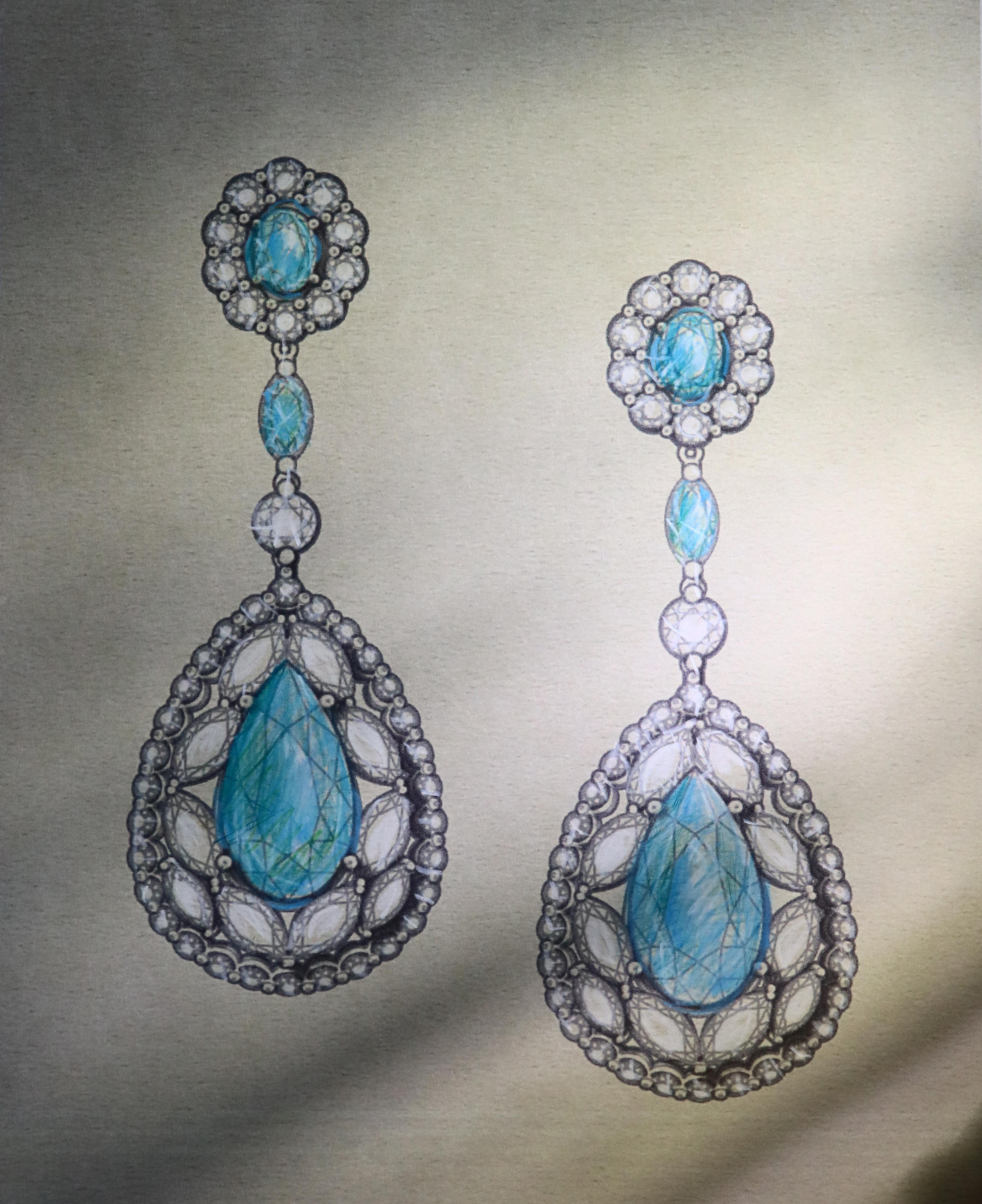 Beautiful one-of-a-kind earrings by our award-winning designer, Robert Pelliccia. These custom earrings feature two pear shaped Mozambique Paraiba Tourmalines (3.60ctw) alongside oval shaped rare Brazilian Paraiba Tourmaline (.62ctw) for ultimate