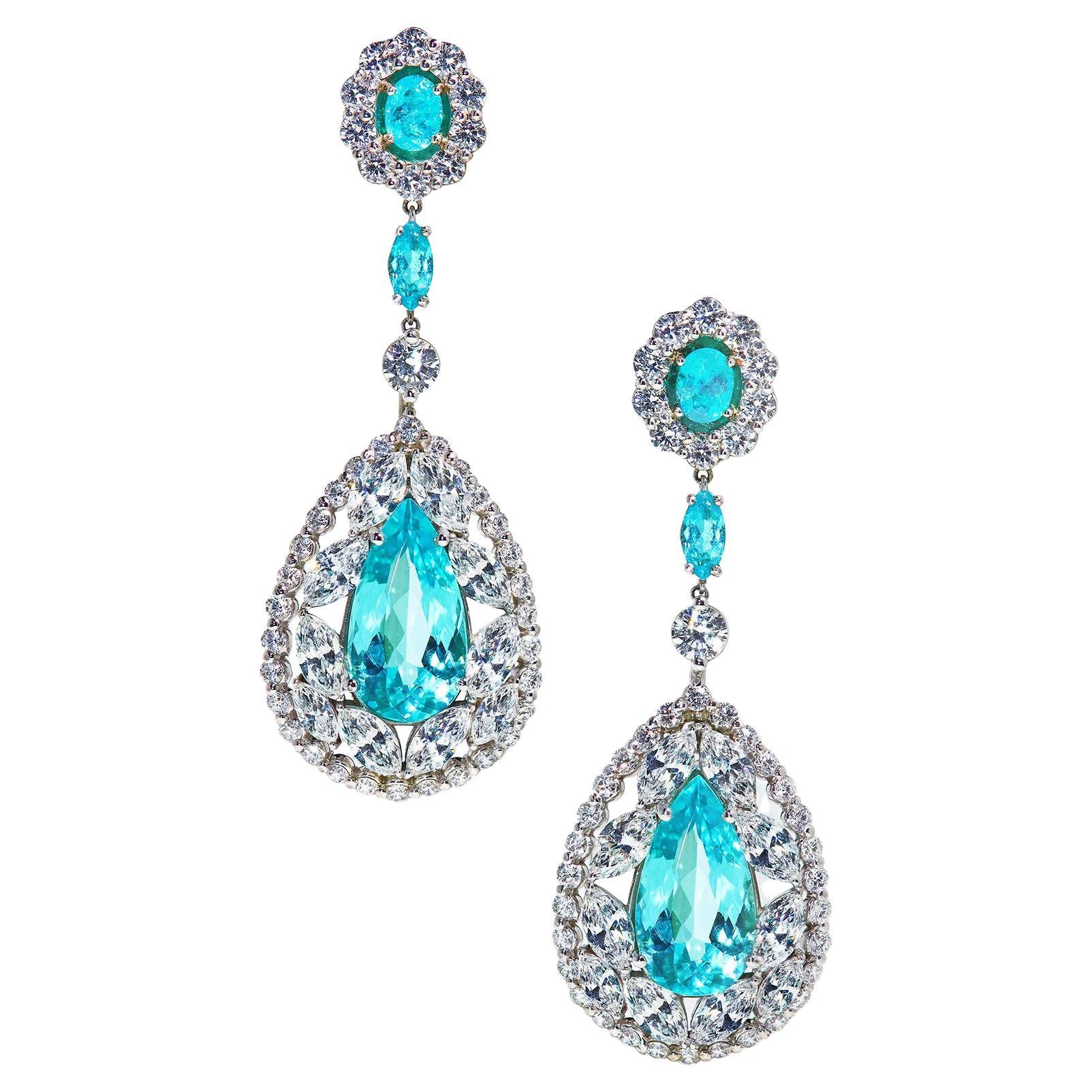 Robert Pelliccia 4.25ctw Paraiba Tourmaline and 3.63ctw Diamond Drop Earrings For Sale