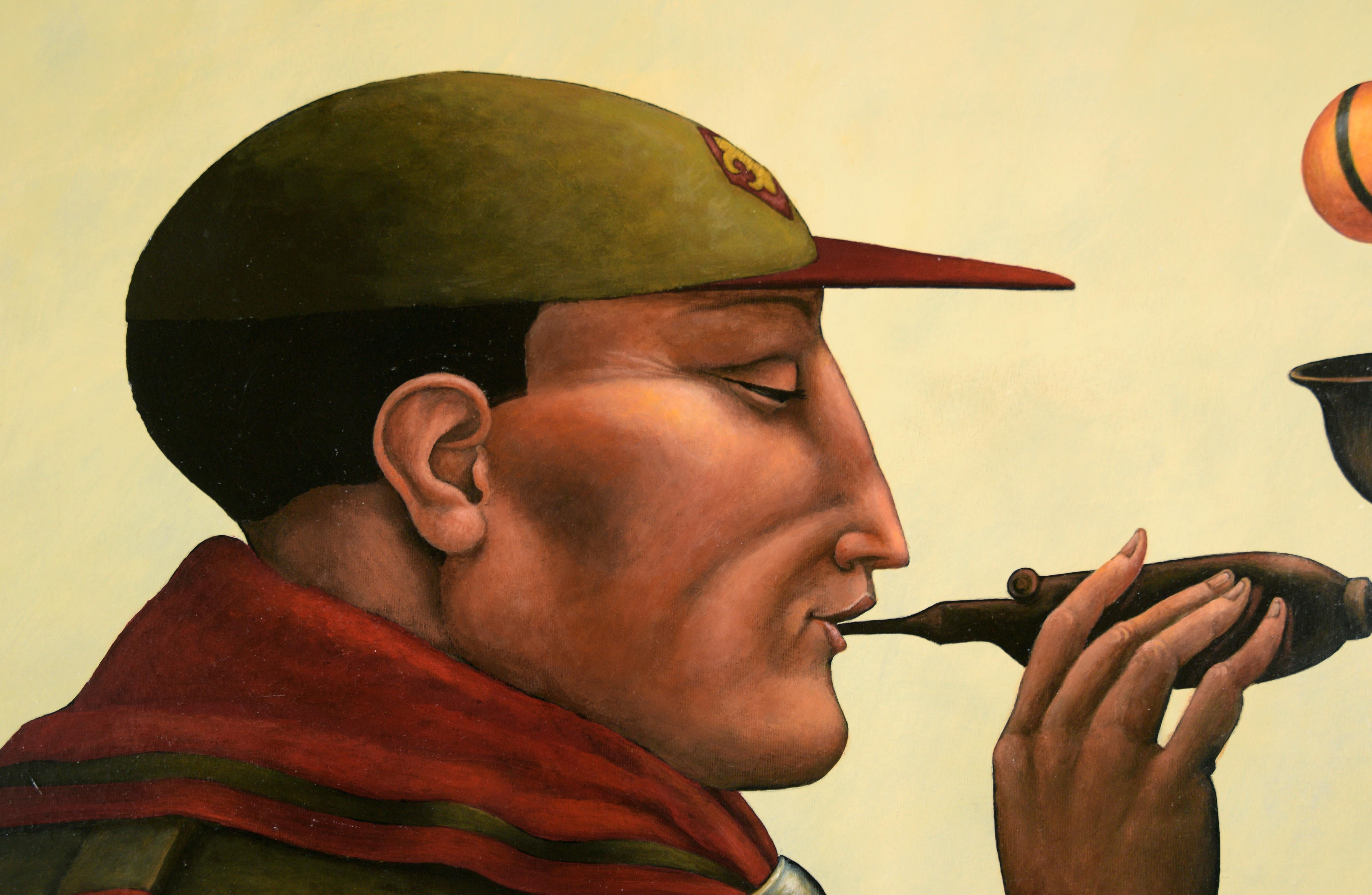 Boy Scout with a Pipe and Billiard Ball: Surrealist Portrait in Oil on Polyester - Painting by Robert Peluce