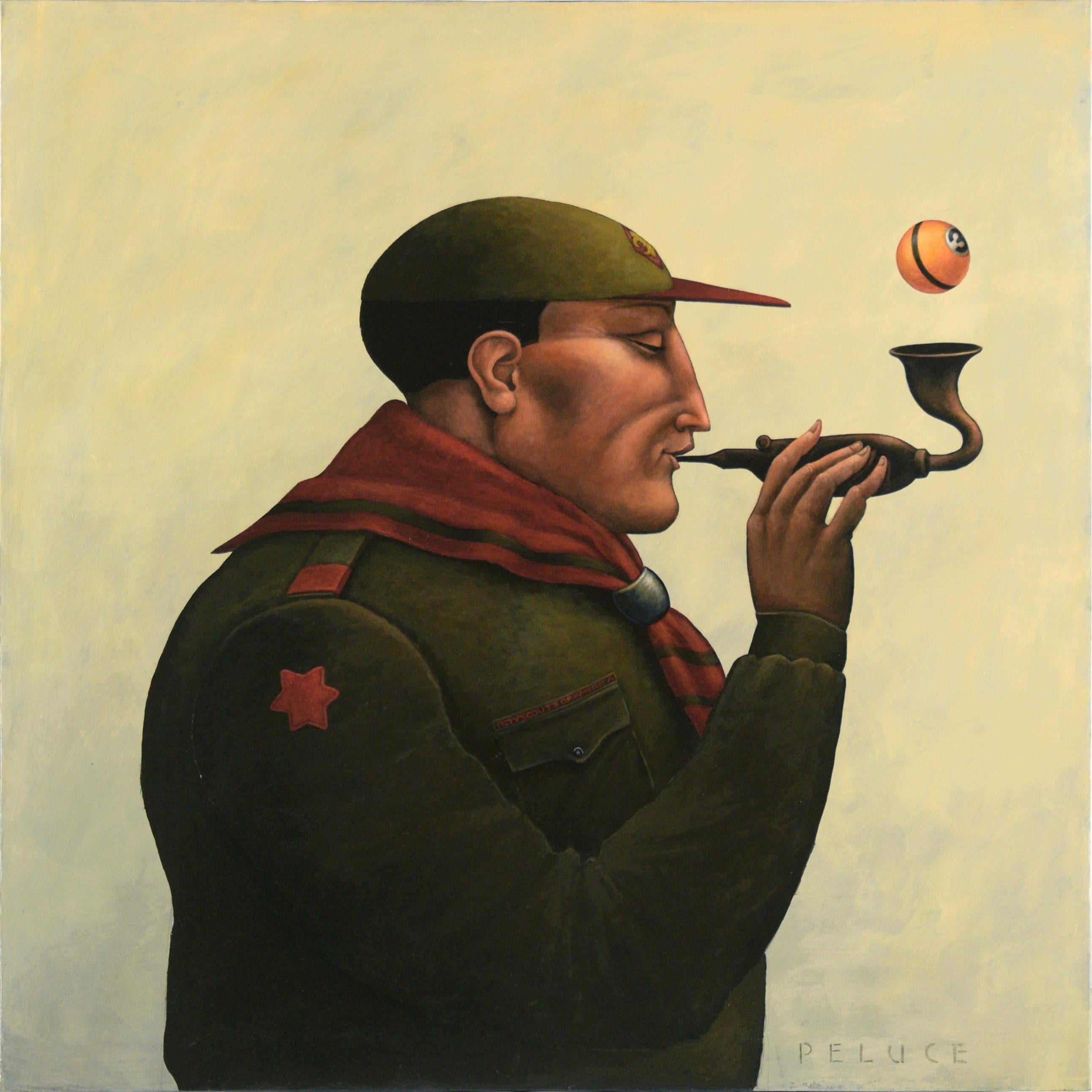 Robert Peluce Portrait Painting - Boy Scout with a Pipe and Billiard Ball: Surrealist Portrait in Oil on Polyester
