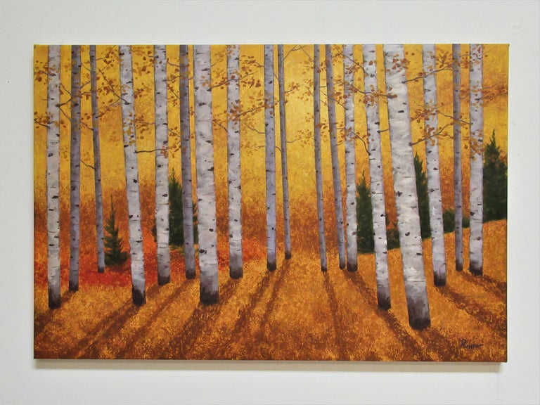 <p>Artist Comments<br>Artist Robert Pennor paints a temperate landscape of a golden aspen forest. The cool tones of the trees contrast with the sunrise's warmth. He puts the relationship and harmony of the colors as the main focal point. Robert