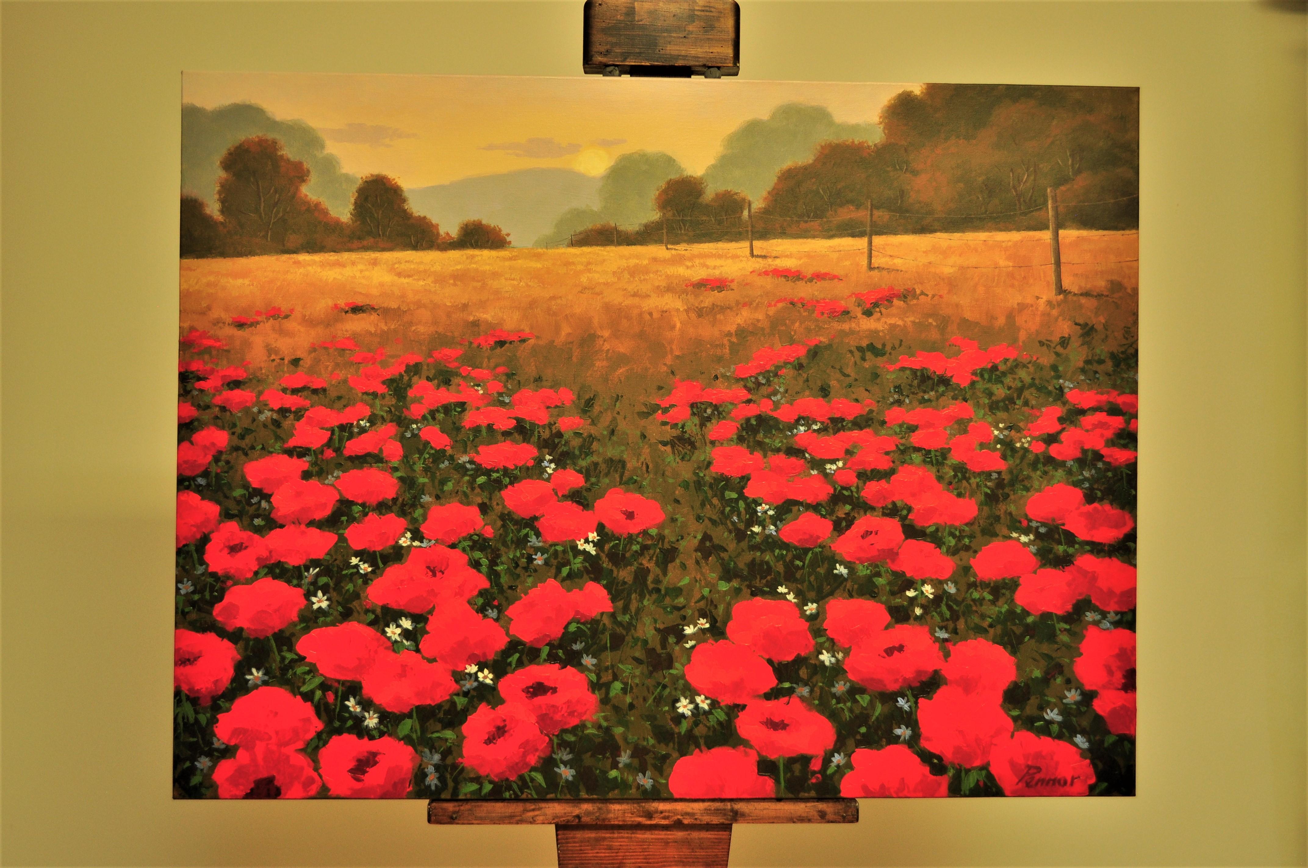 Brilliant Red Poppies, Original Painting - Brown Landscape Painting by Robert Pennor
