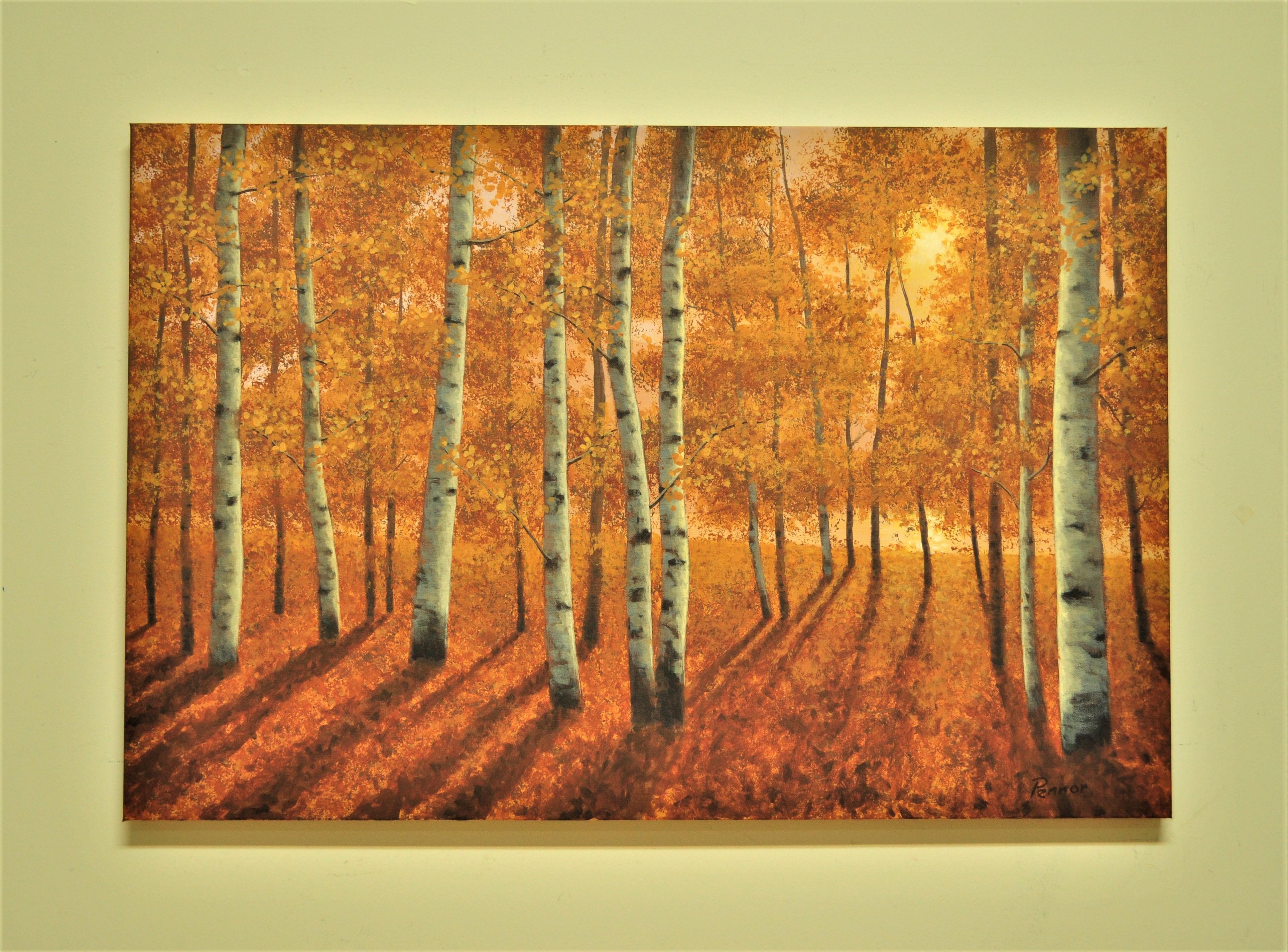 <p>Artist Comments<br />Aspens glow in the autumn sunlight, a hint of the lake is seen through the trees. Robert created the texture of the leaves with a natural sponge and a fan brush. The trees were built up in multiple layers of color.</p><br