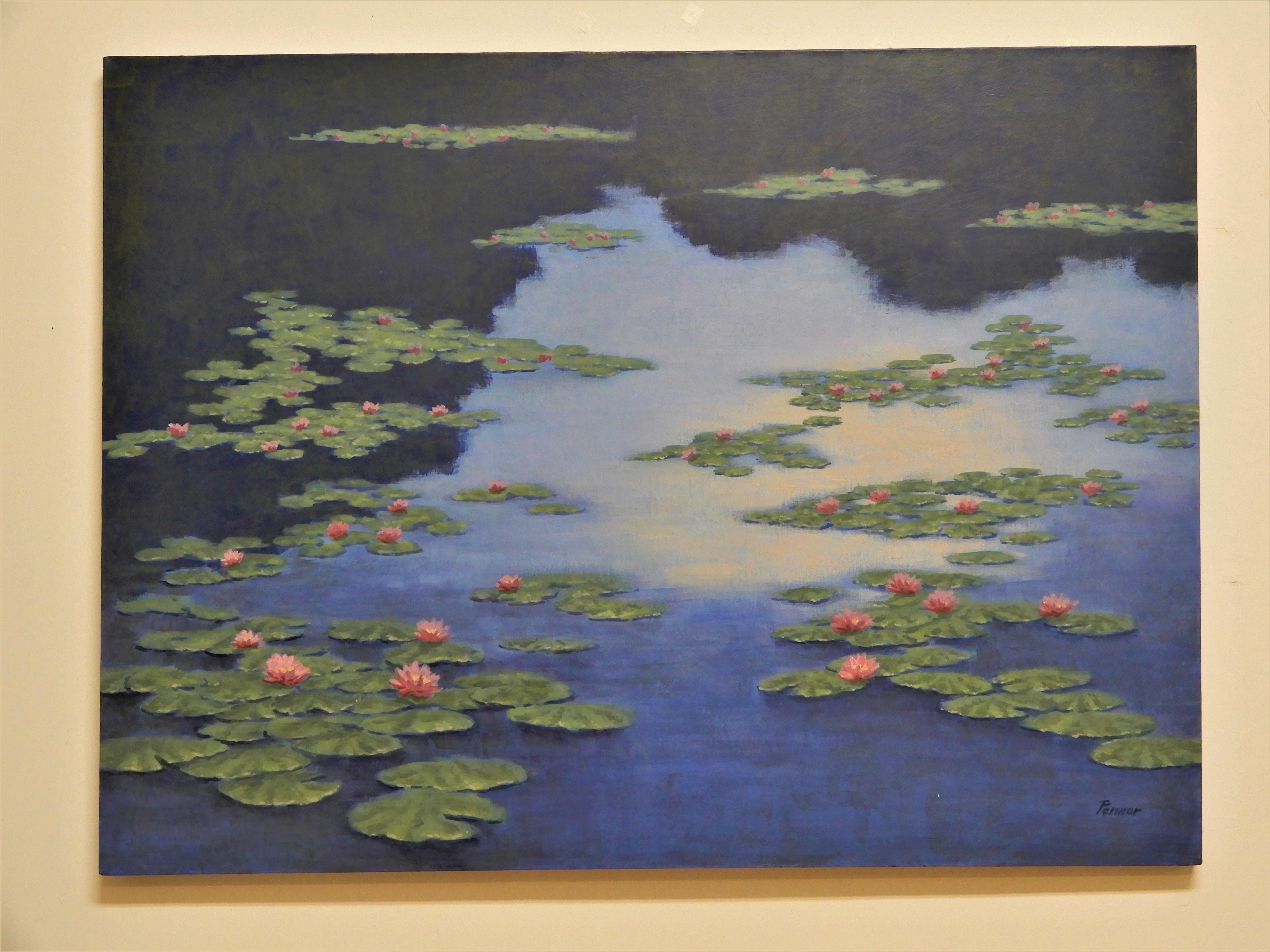 Water Lilies, Original Painting - Gray Landscape Painting by Robert Pennor