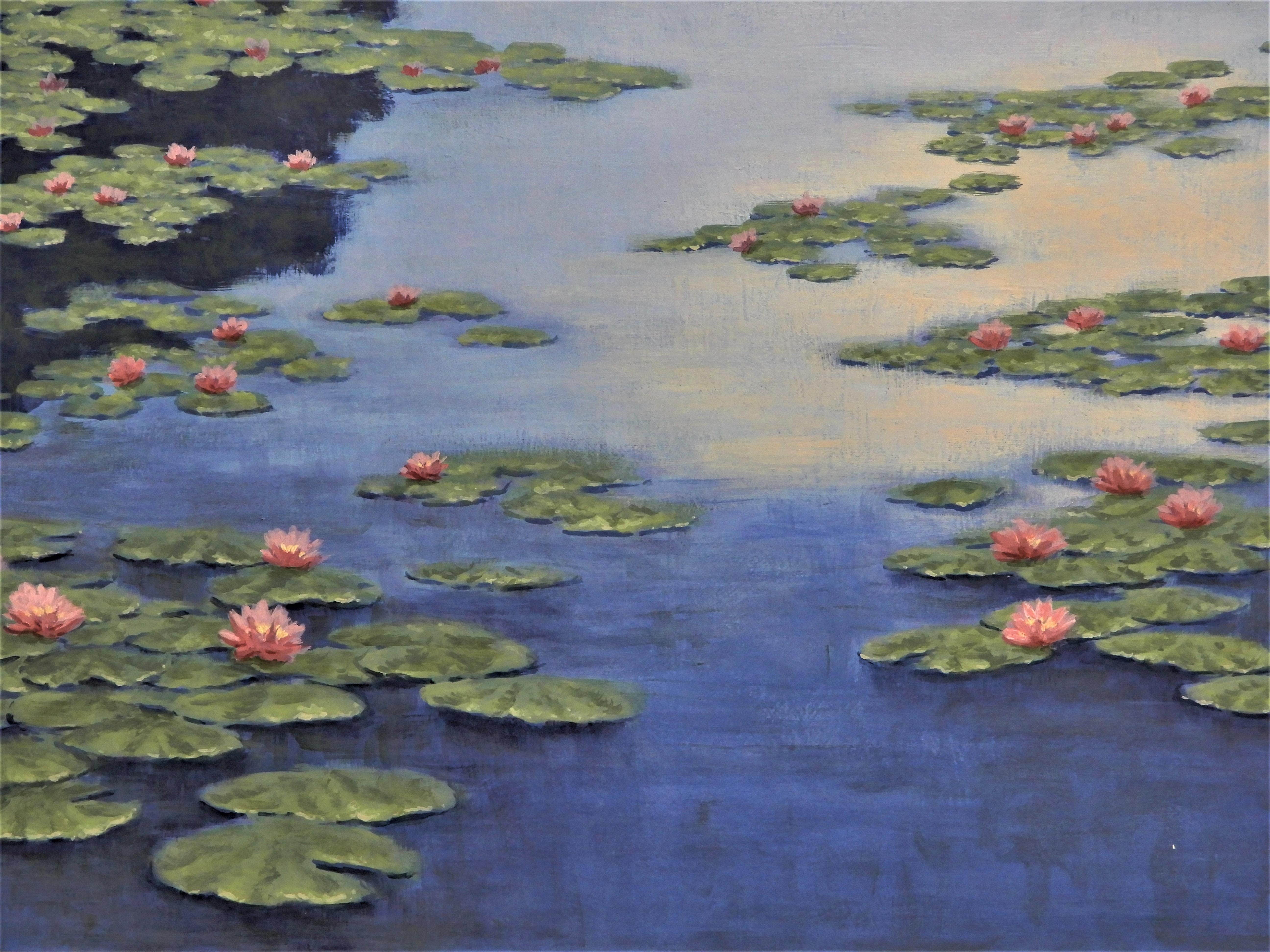 <p>Artist Comments<br />A view of water lilies at sunset. The last light of the day is fading off of the still pond as abstracted evening shadows move across the surface. 