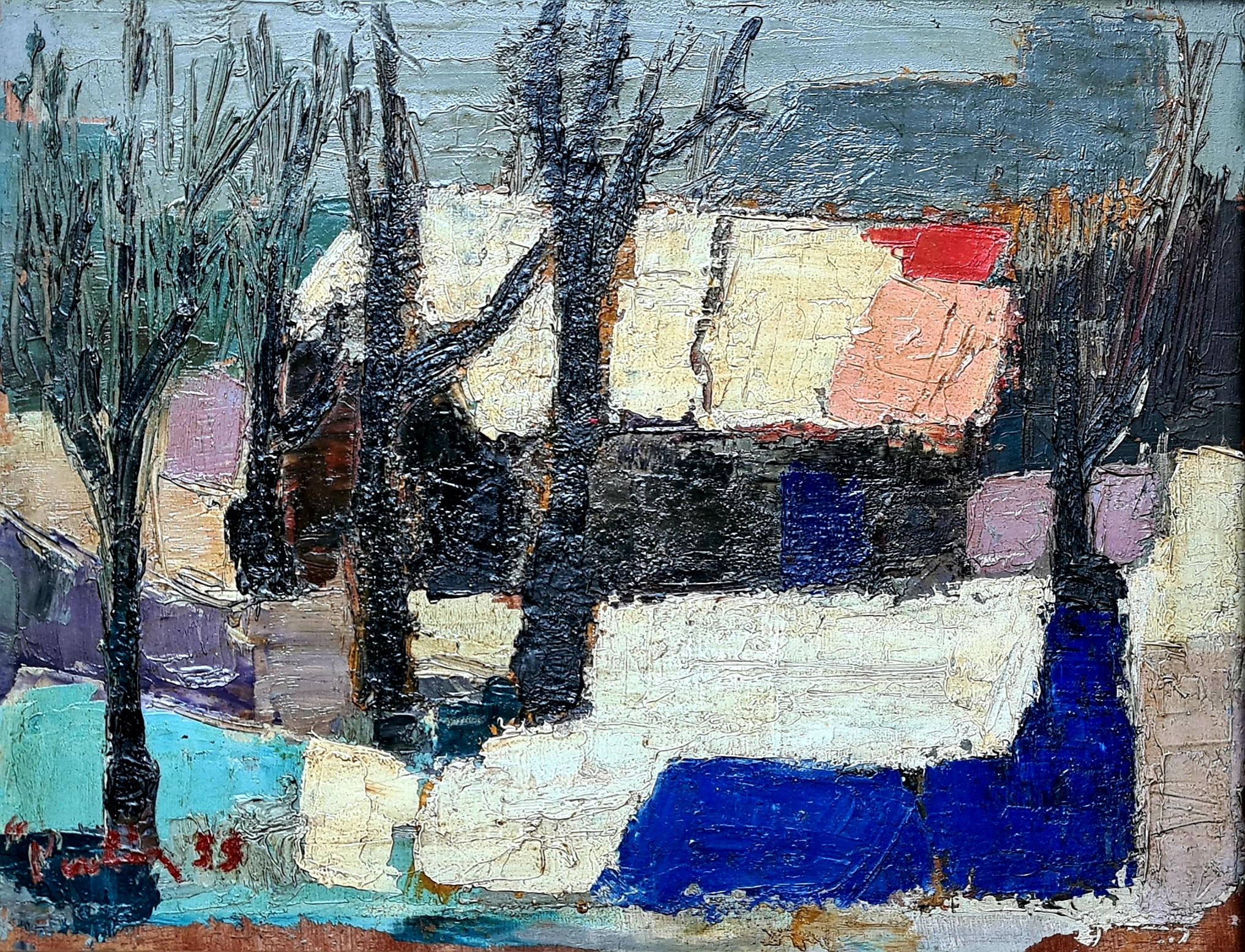 Paesaggio astratto in campo cromatico, olio su pannello, Cerchio di Nicolas de Staël - Painting di Robert Perlin