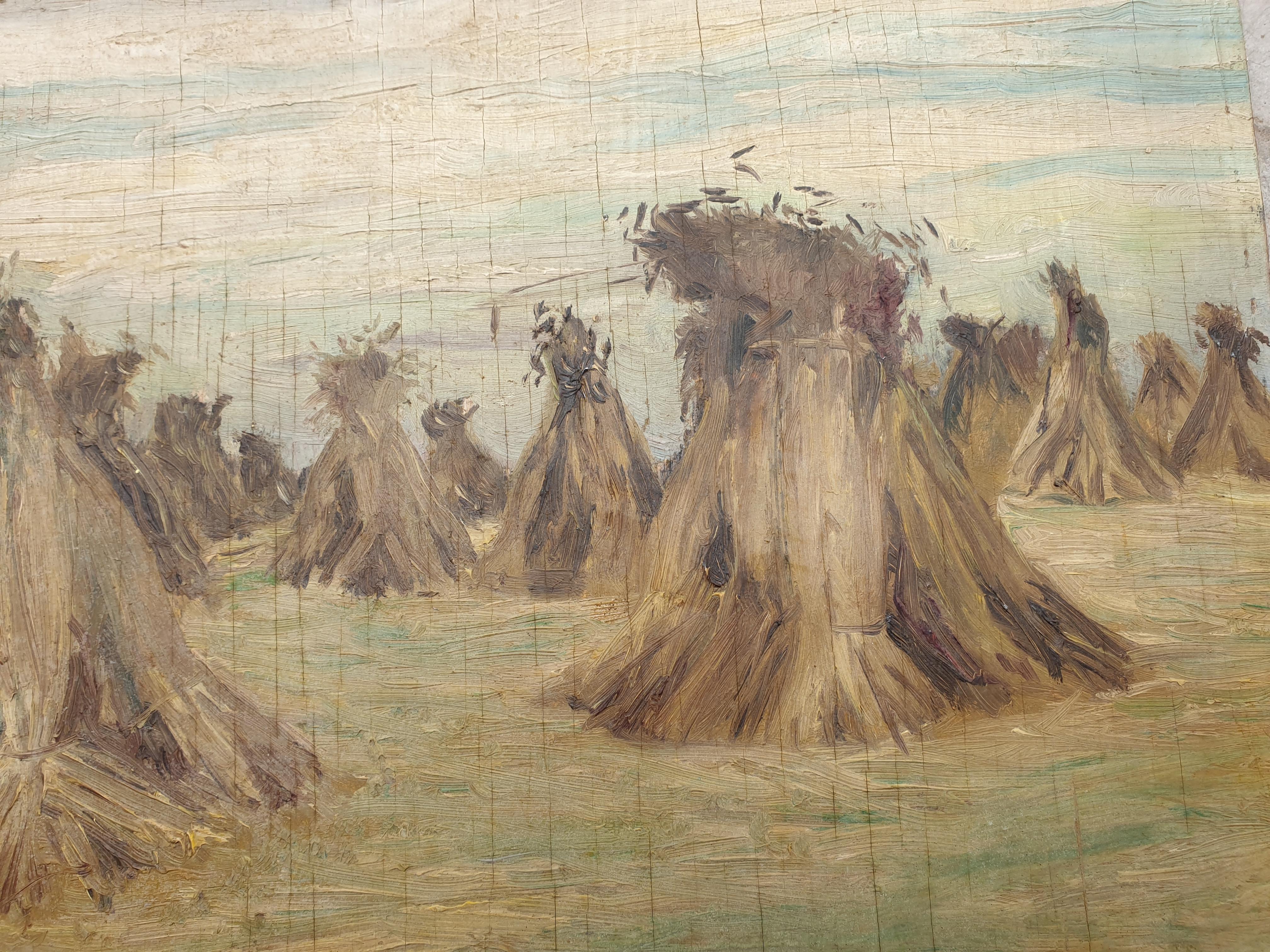 Raccolto, I pagliai, olio impressionista su pannello della metà del secolo. - Painting di Robert Perniaux