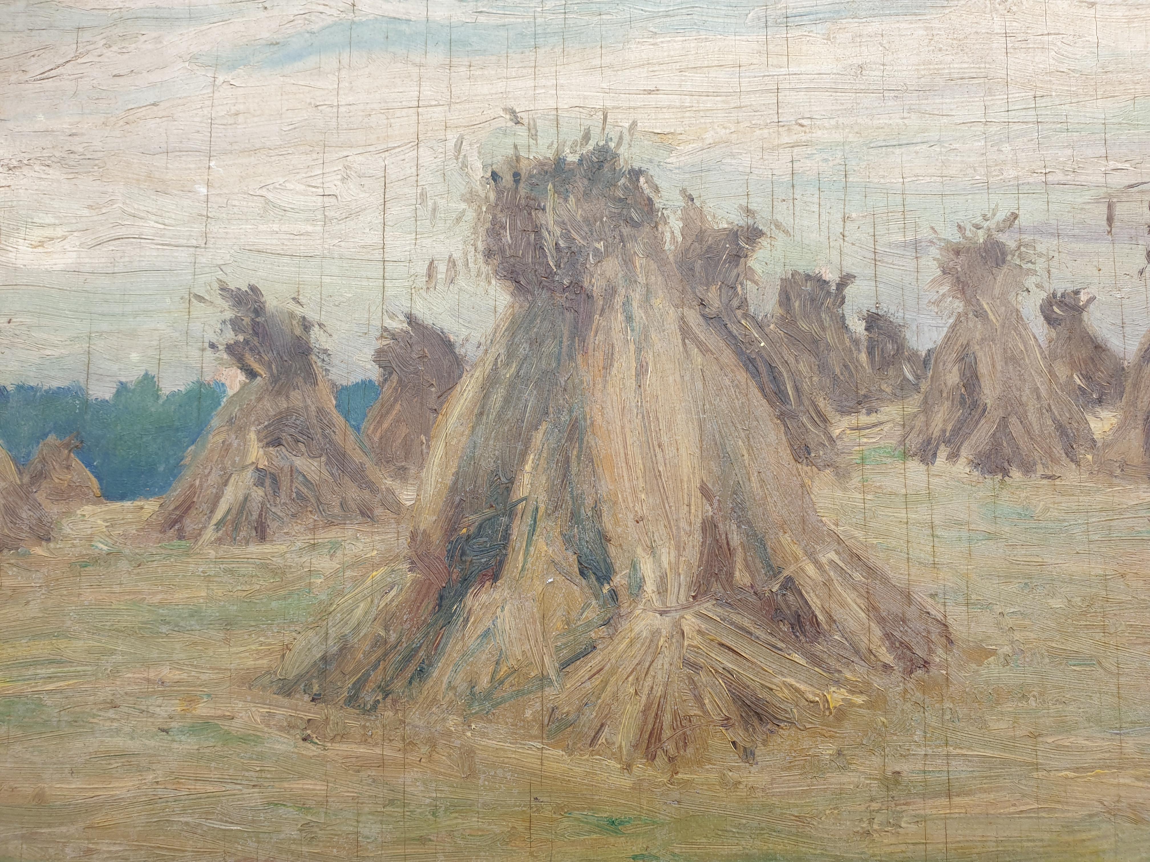 Die Ernte, The Haystacks, Öl auf Tafel, Mid-Century. (Realismus), Painting, von Robert Perniaux