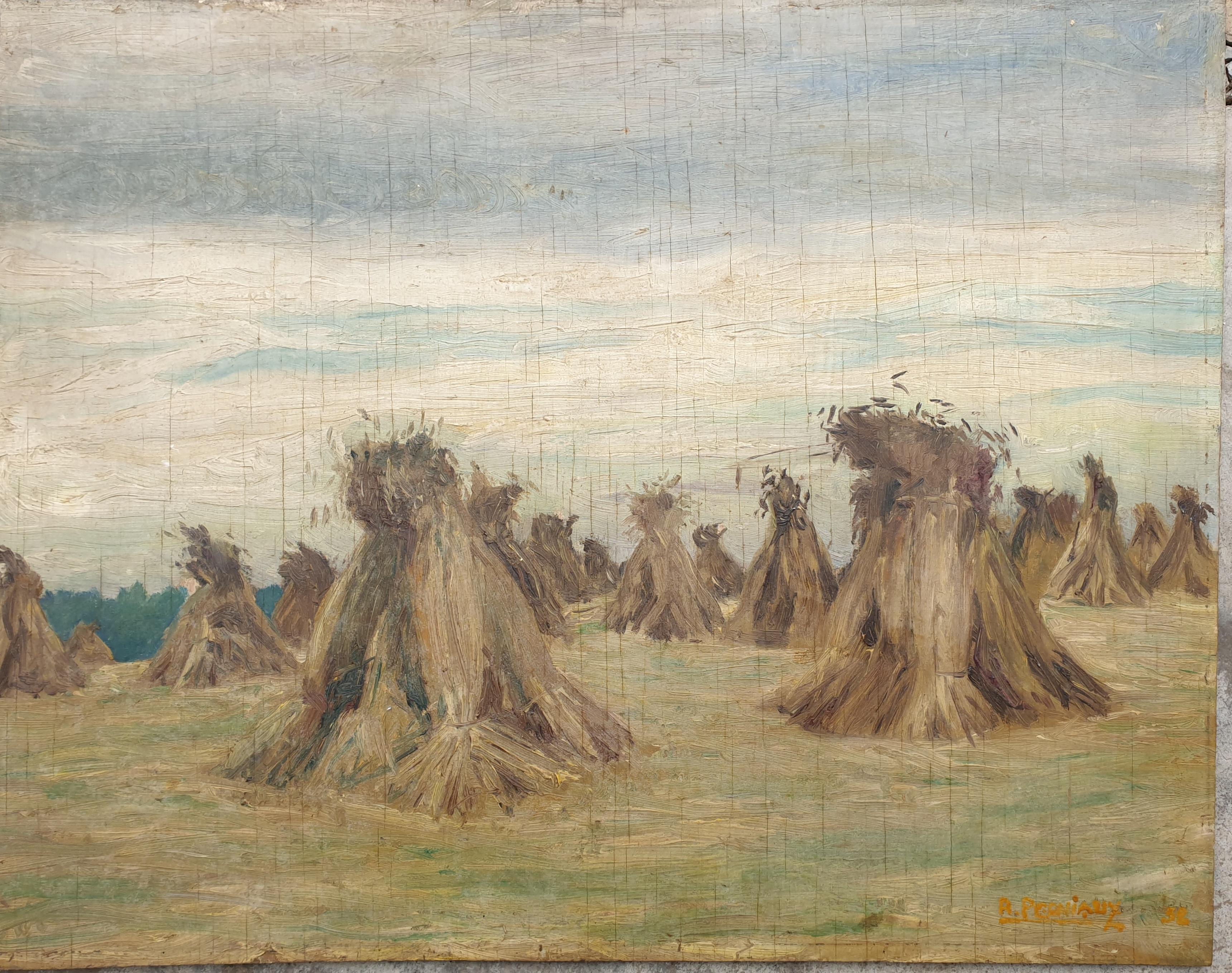 Landscape Painting Robert Perniaux - Harvest, The Haystacks, Huile sur panneau du milieu du siècle dernier