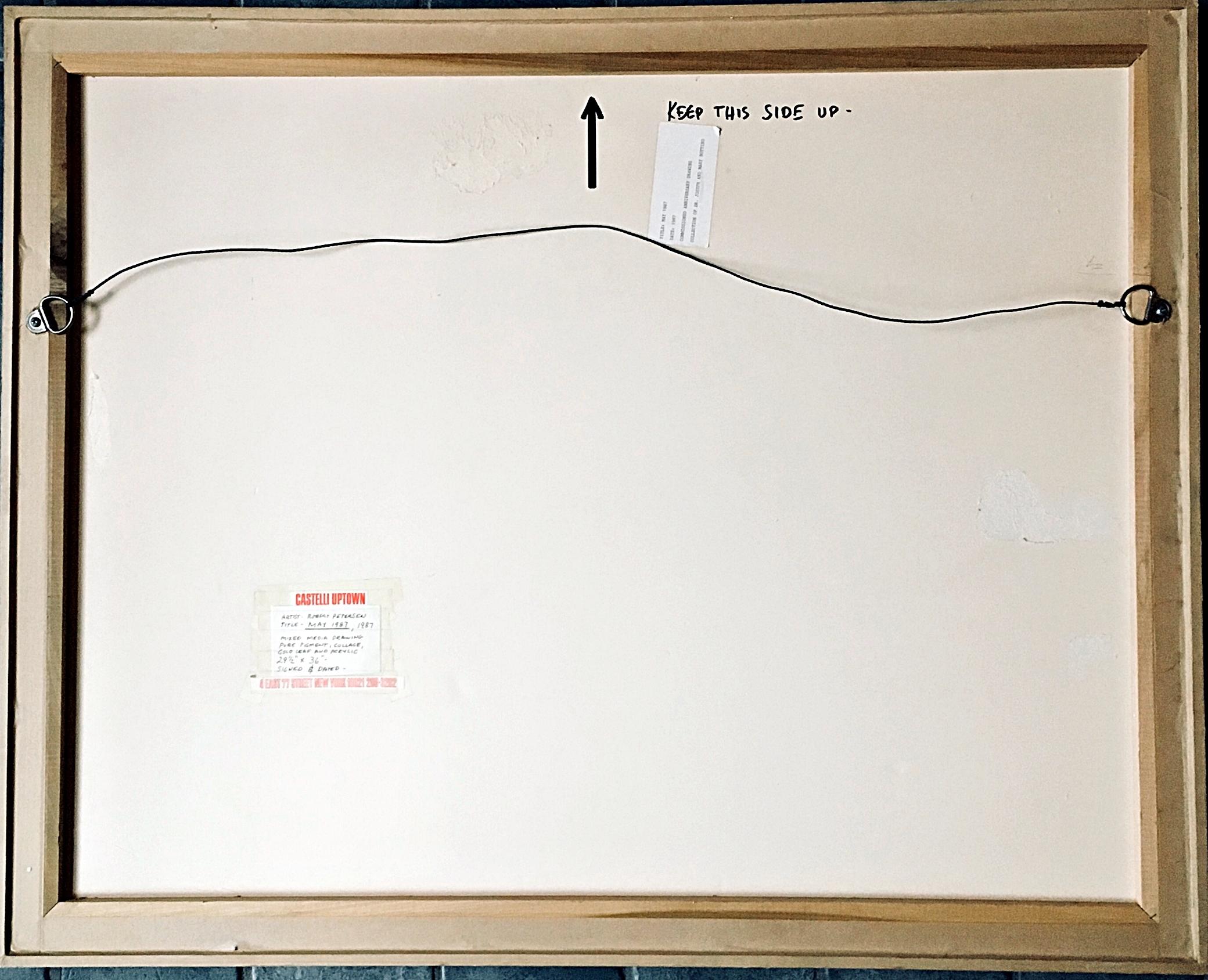 Maggio 1987, collage firmato, foglia d'oro, pittura acrilica, incorniciato con etichetta Castelli - Art Contemporaneo di Robert Petersen