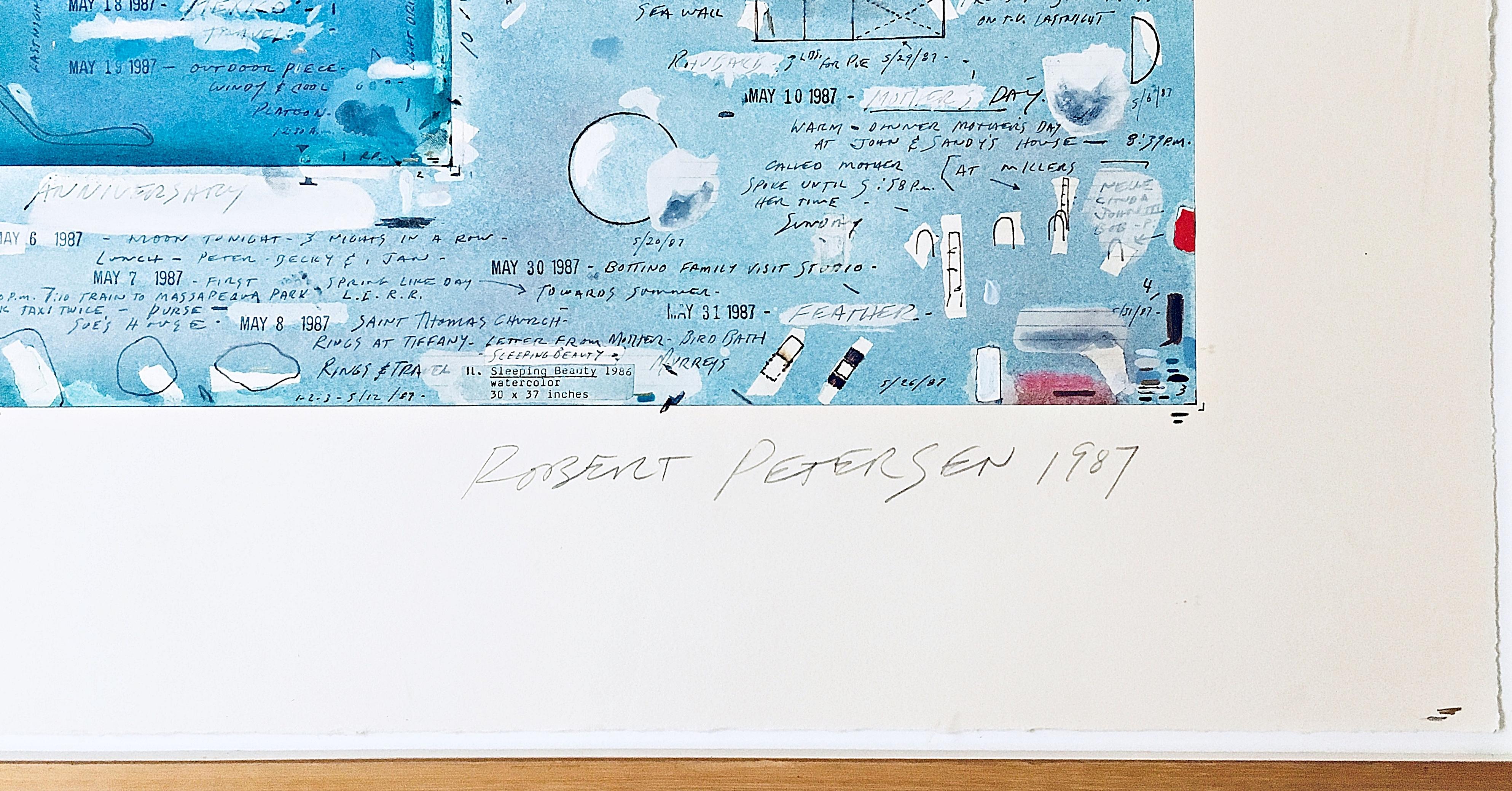 Maggio 1987, collage firmato, foglia d'oro, pittura acrilica, incorniciato con etichetta Castelli - Abstract Drawing Blu di Robert Petersen