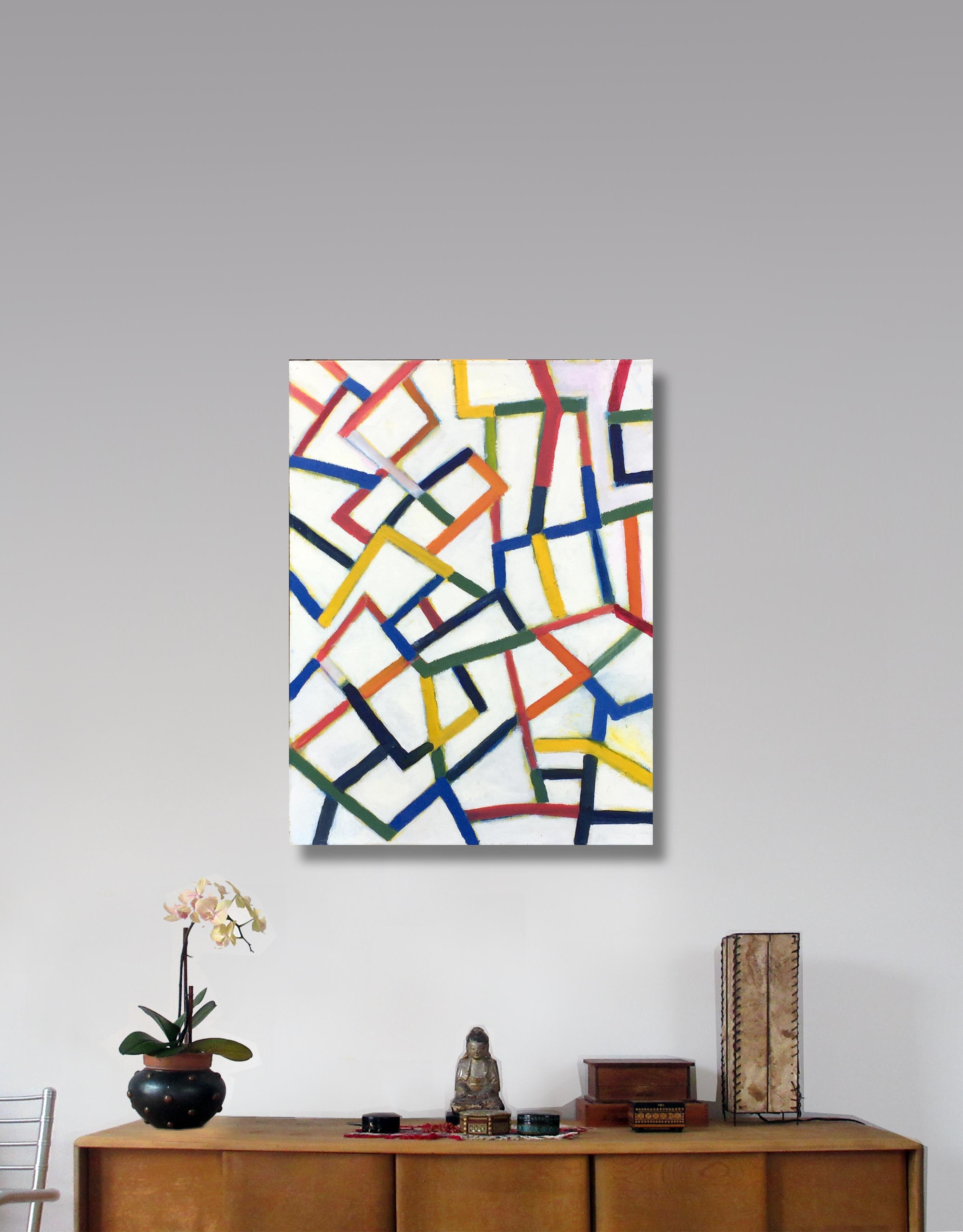 Hello Sunshine, Chromatic Collision Series, Abstraktes Gemälde mit geometrischen Linien (Geometrische Abstraktion), Painting, von Robert Petrick